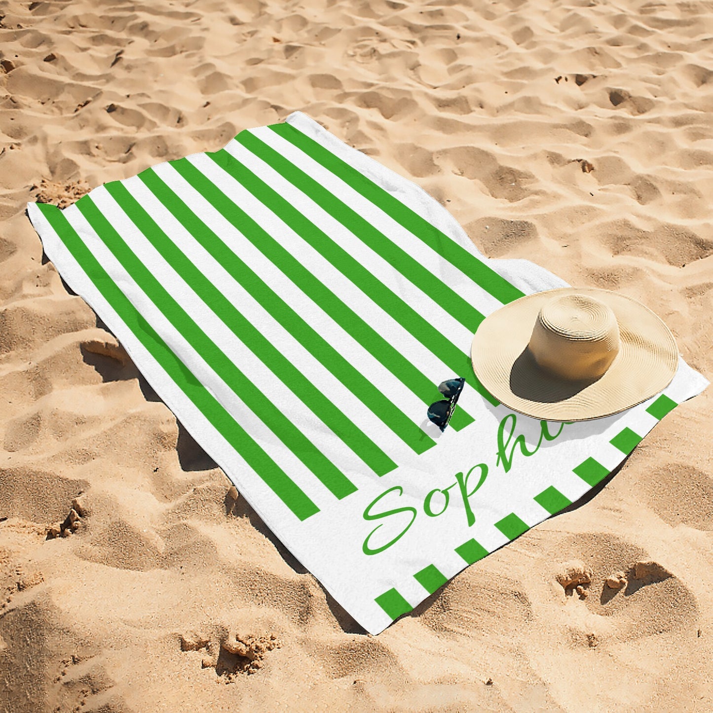 Green Stripe Beach Towel Custom Cotton/Poly Blend Pool Towel - Blue - Personalize with Your Name - Standard Size