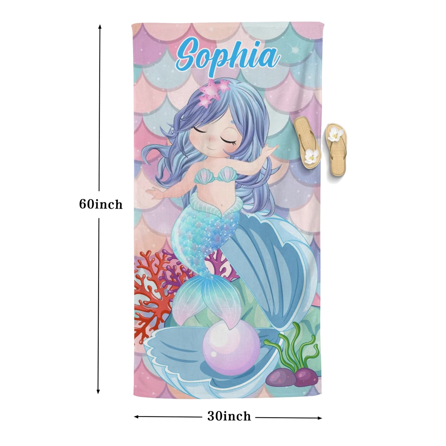 Cute Mermaid Beach Towel Custom Cotton/Poly Blend Pool Towel - Blue - Personalize with Your Name - Standard Size
