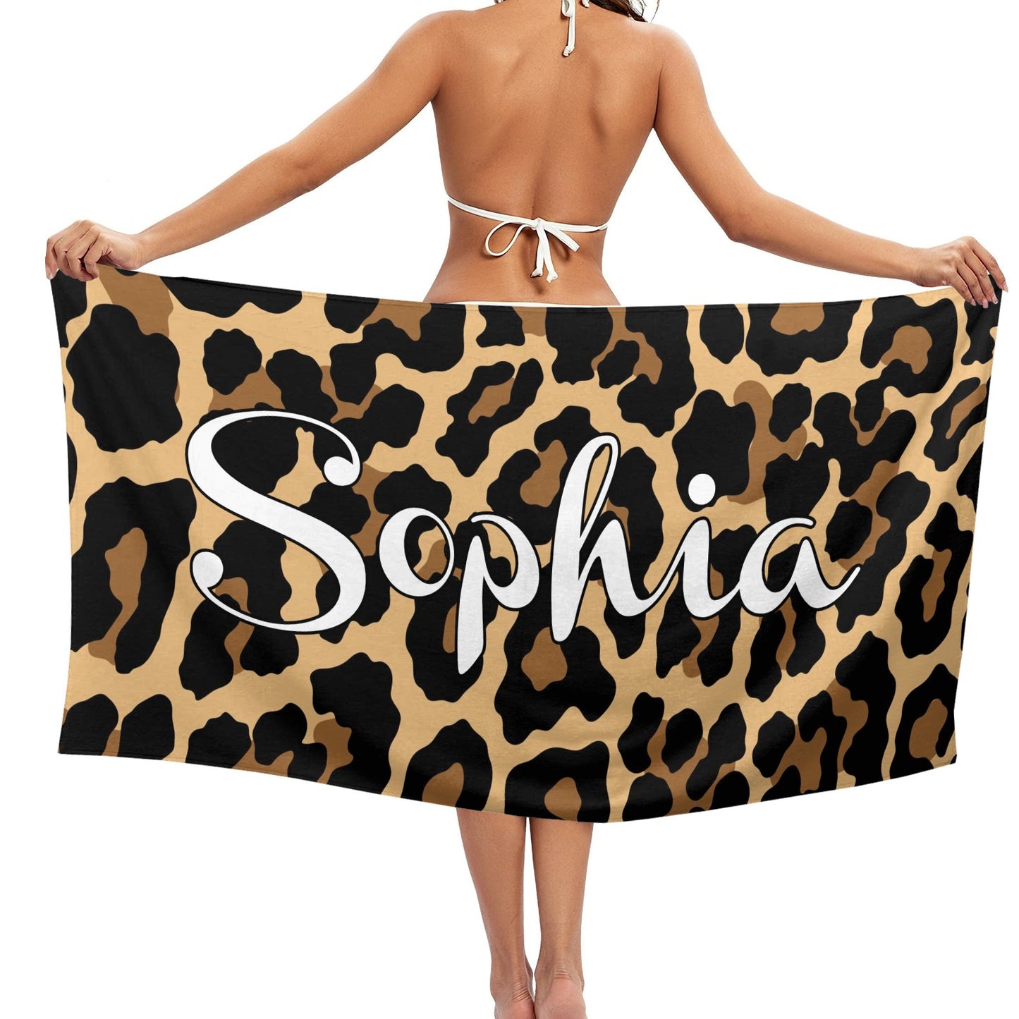 Leopard Print Beach Towel Custom Cotton/Poly Blend Pool Towel - Blue - Personalize with Your Name - Standard Size