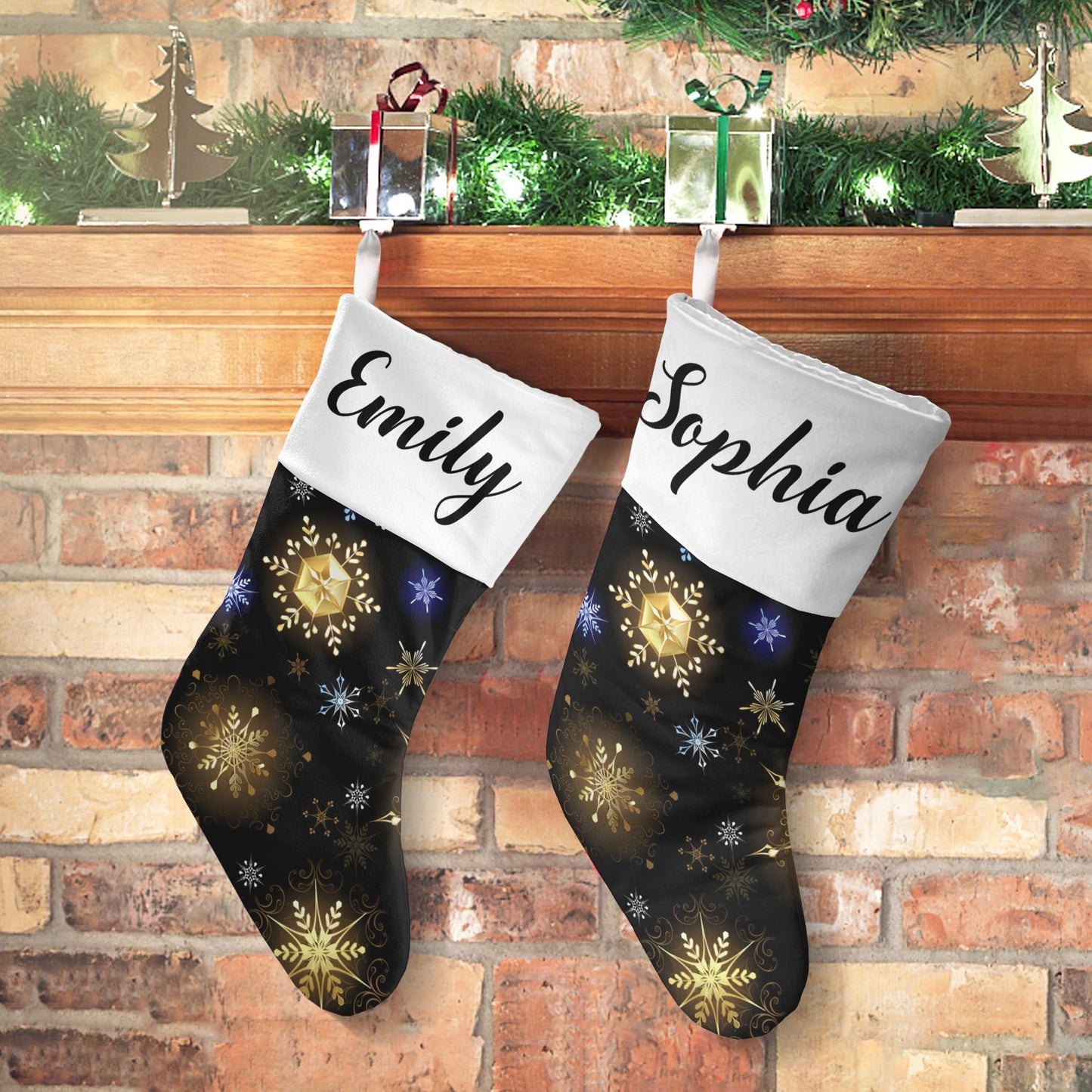 Snowflakes Black Christmas Stocking Custom Name Christmas Socks Gift