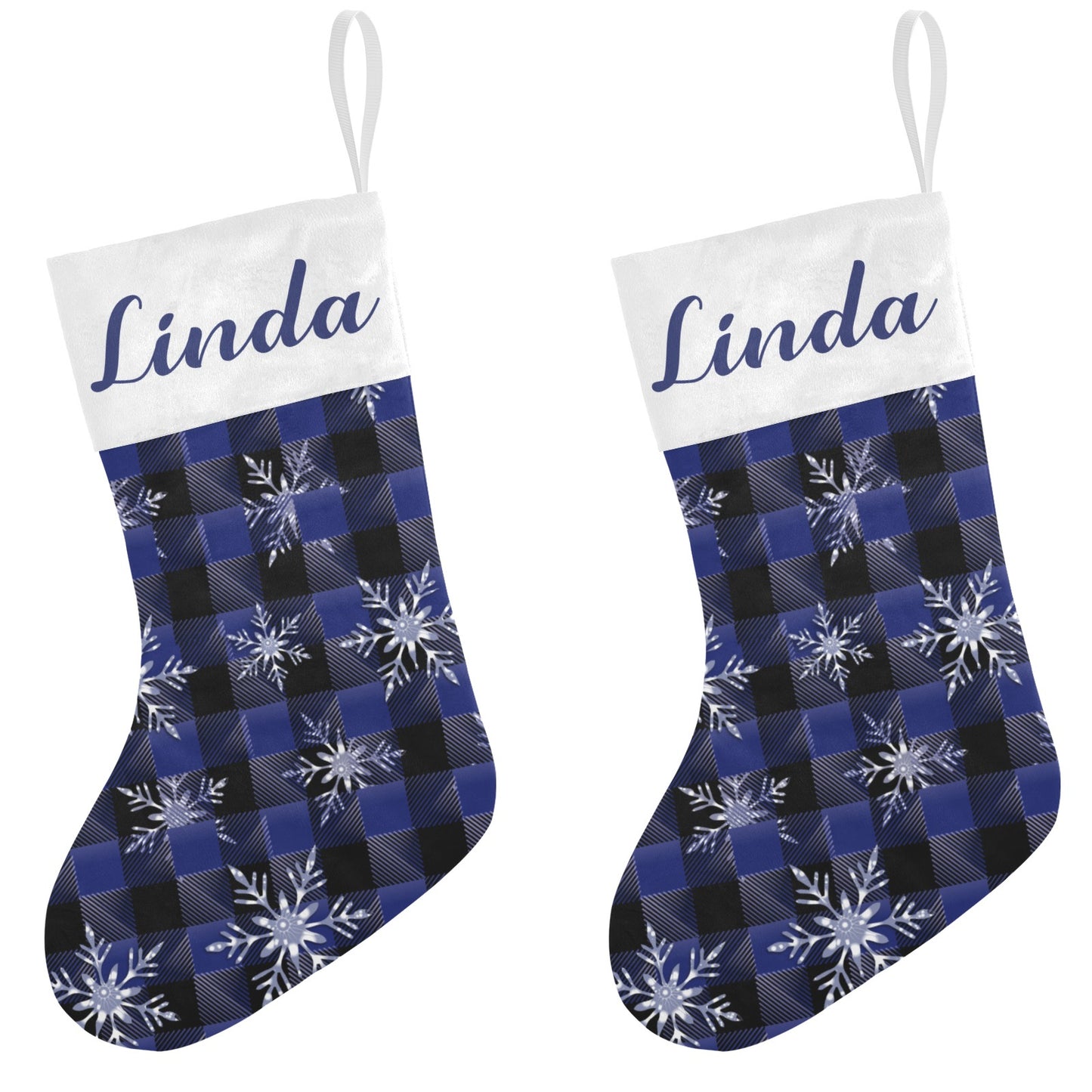 Blue Plaid Snowflakes Christmas Stocking Custom Name Christmas Socks Gift