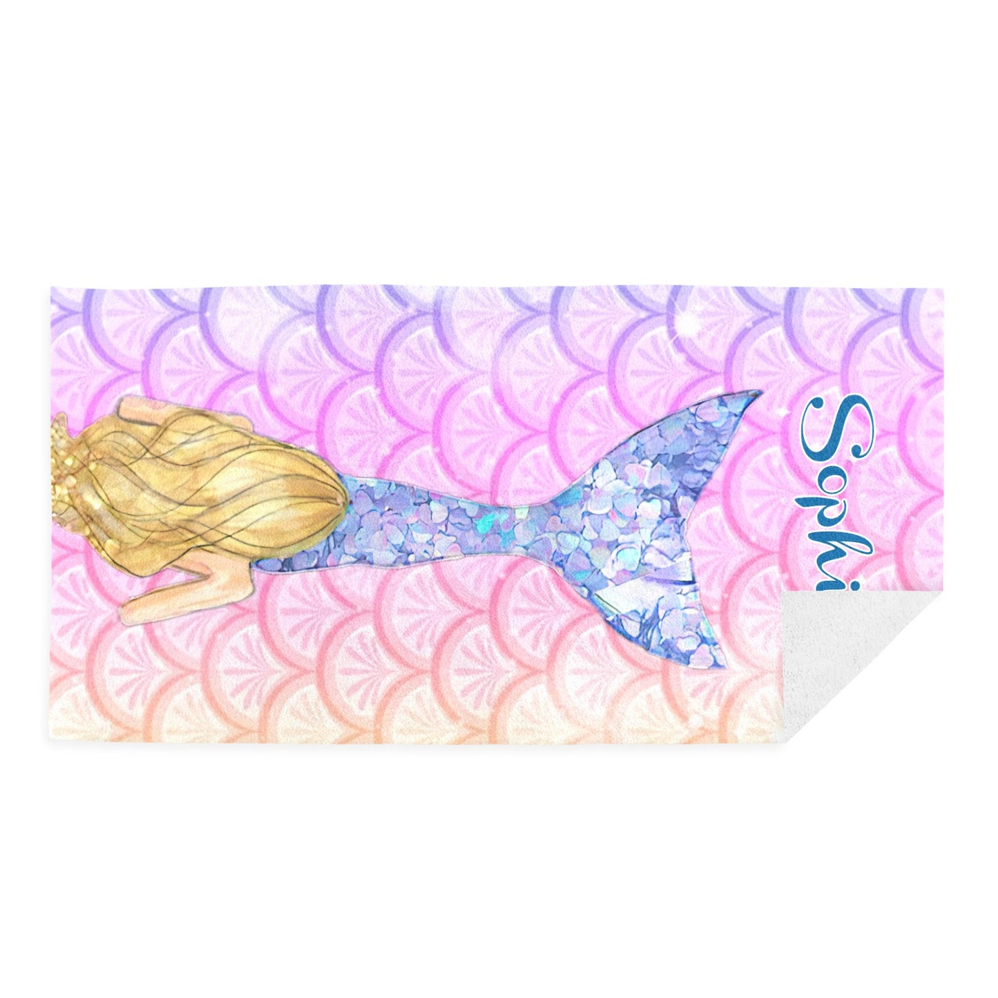 Mermaid Pink Beach Towel Custom Cotton/Poly Blend Pool Towel - Blue - Personalize with Your Name - Standard Size