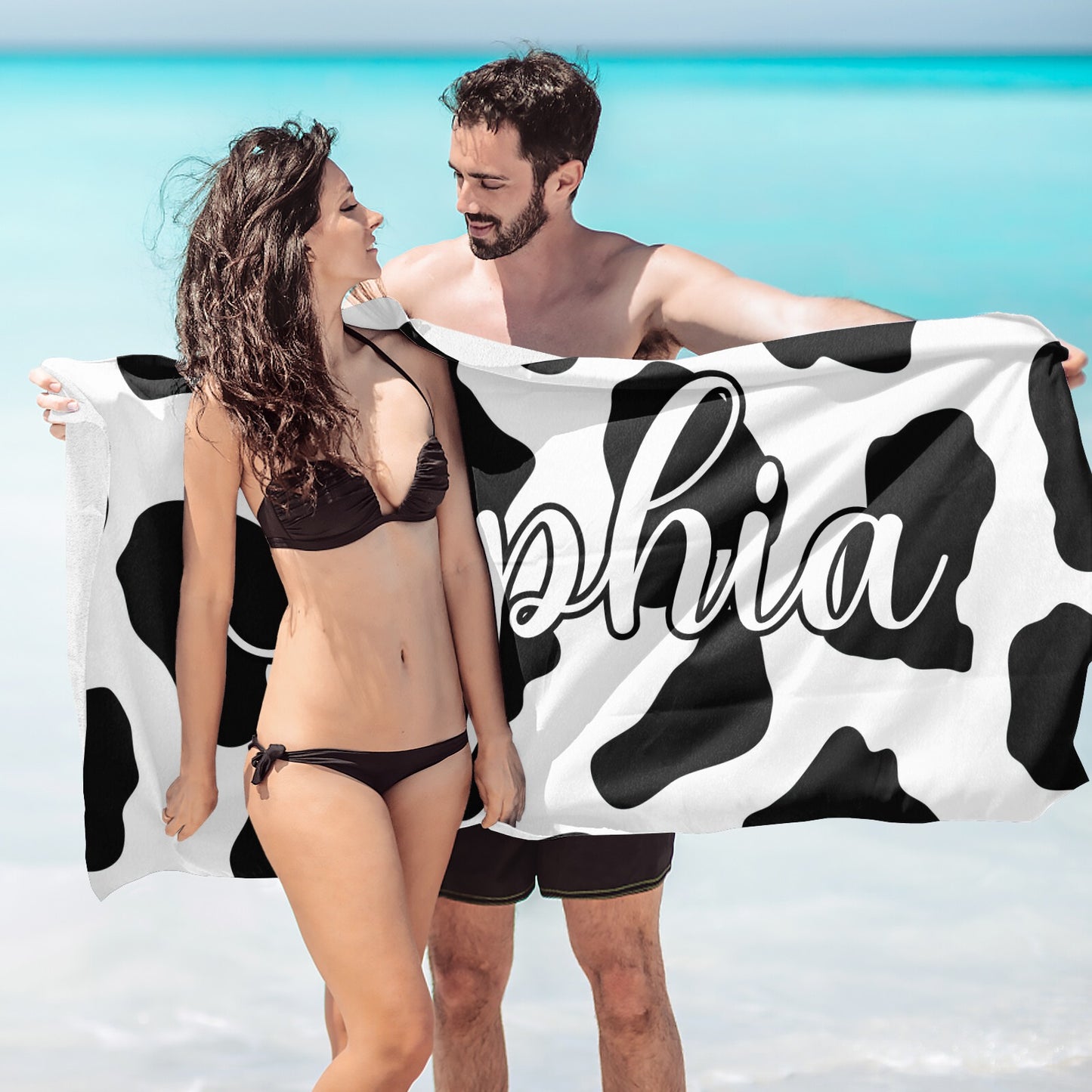 Cow Print Beach Towel Custom Cotton/Poly Blend Pool Towel - Blue - Personalize with Your Name - Standard Size