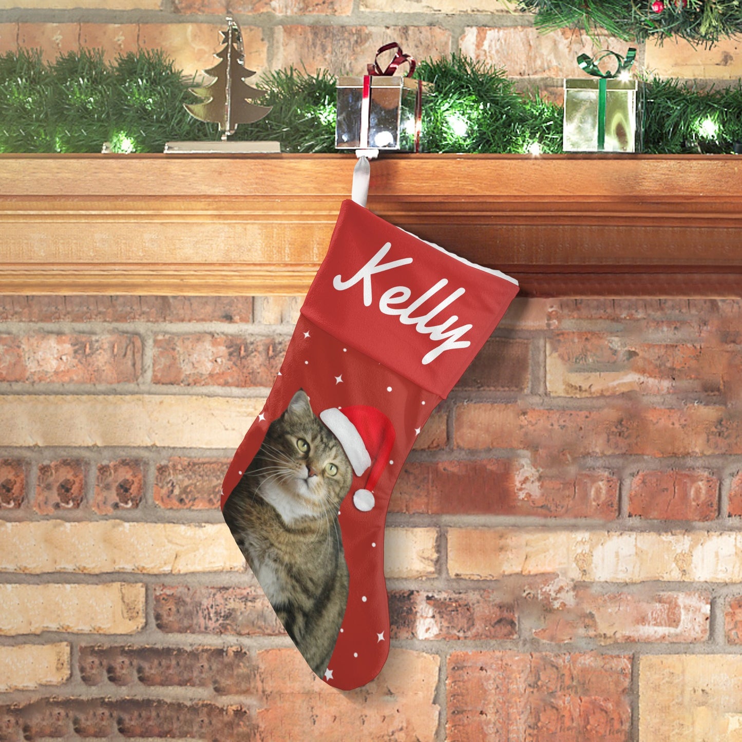 Cat Red Christmas Stocking Custom Name Santa Socks Gift