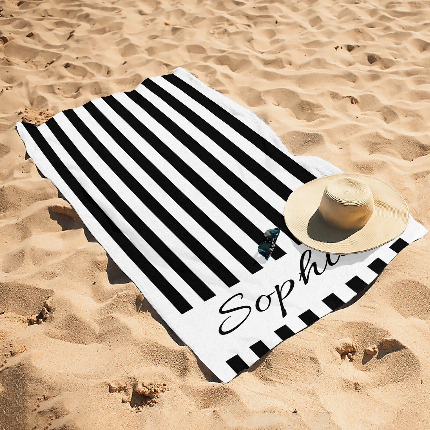 Black Stripe Beach Towel Custom Cotton/Poly Blend Pool Towel - Blue - Personalize with Your Name - Standard Size