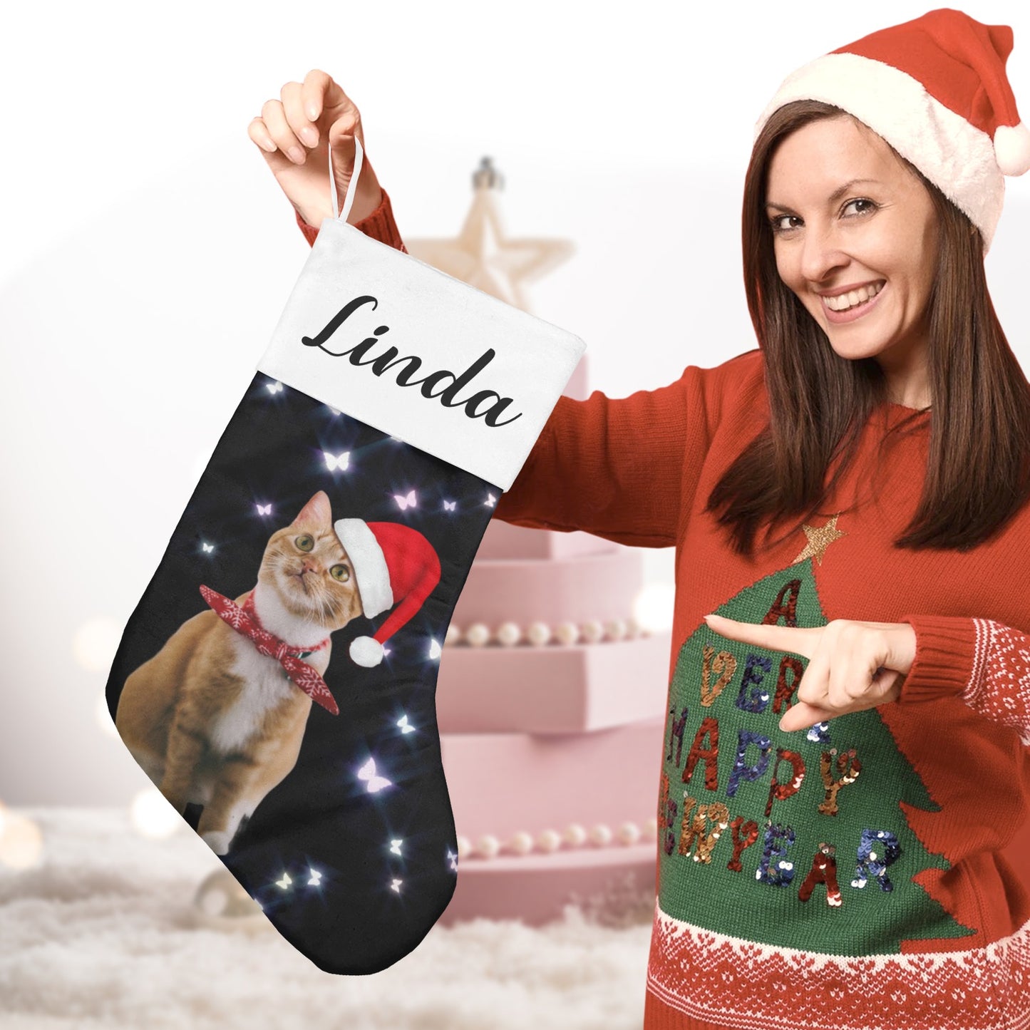 Butterfly Cat Christmas Stocking Custom Name Christmas Socks Gift