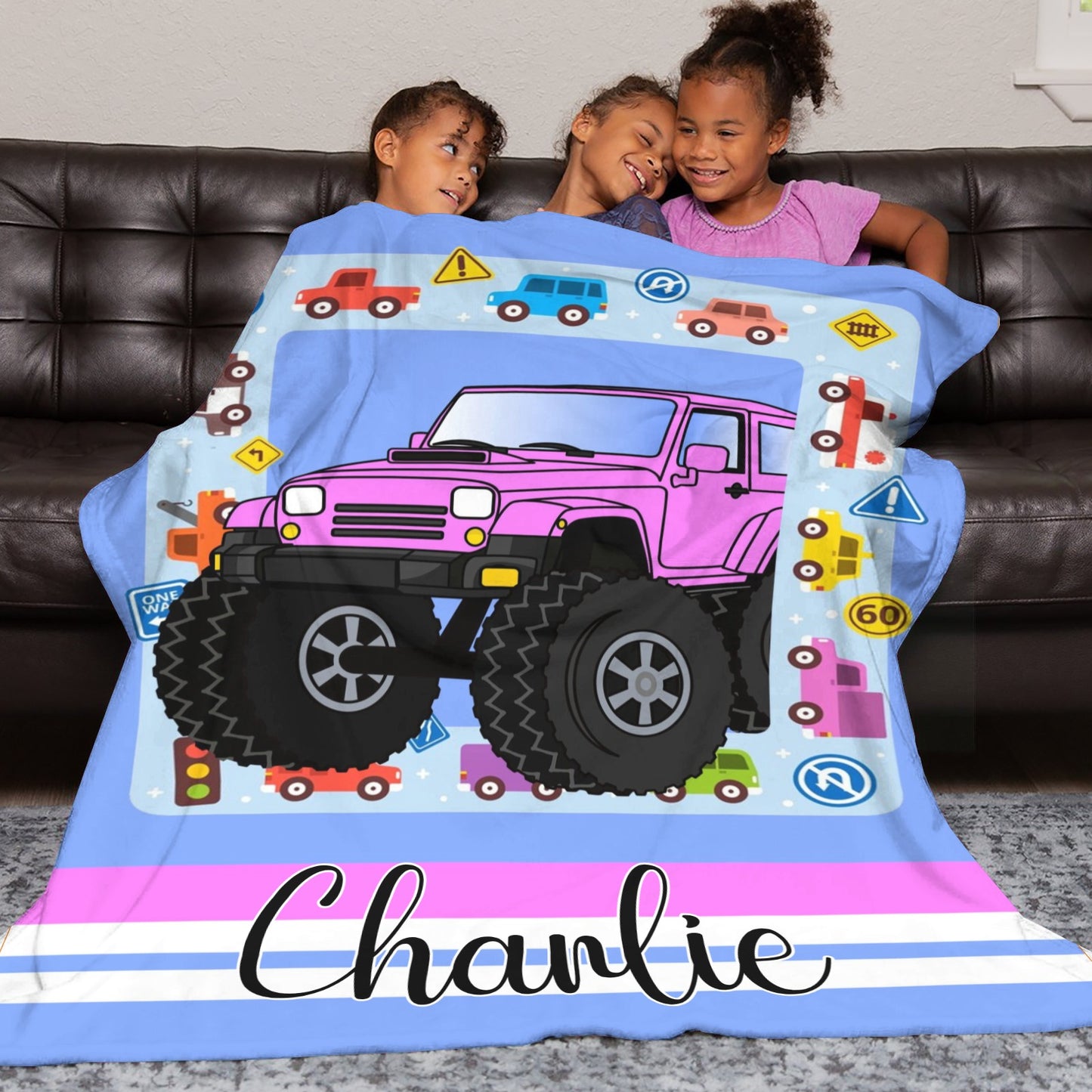 Cute Truck Flannel Blanket Custom Name Blanket Gift for Men Women