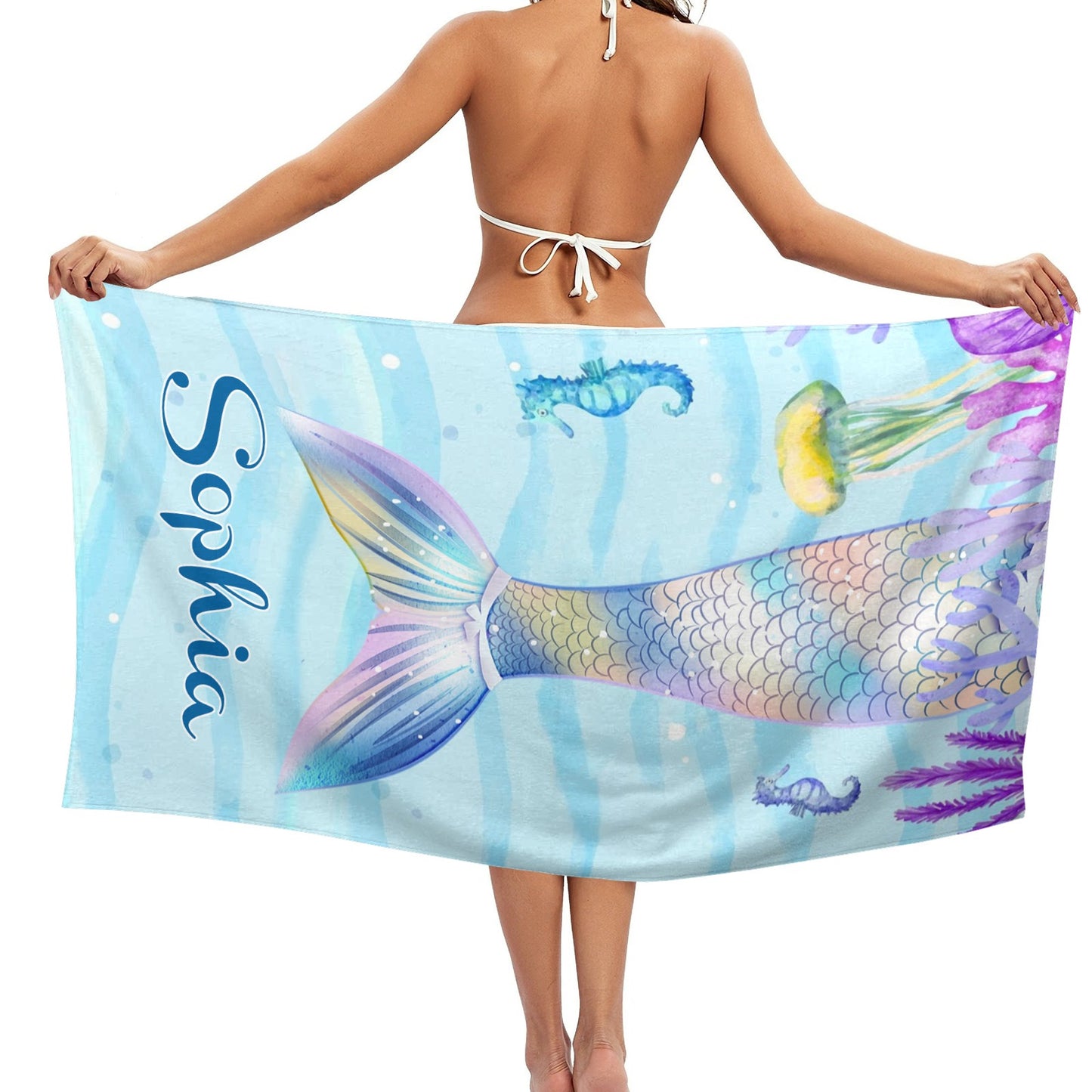 Blue Mermaid Tail Beach Towel Custom Cotton/Poly Blend Pool Towel - Blue - Personalize with Your Name - Standard Size