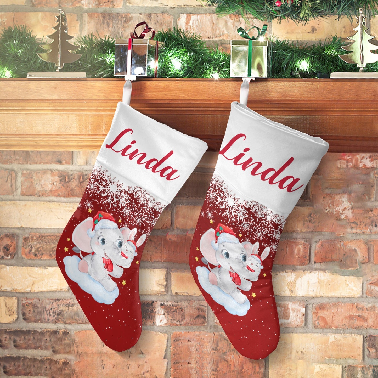 Red Christmas Elephant Christmas Stocking Custom Name Christmas Socks Gift