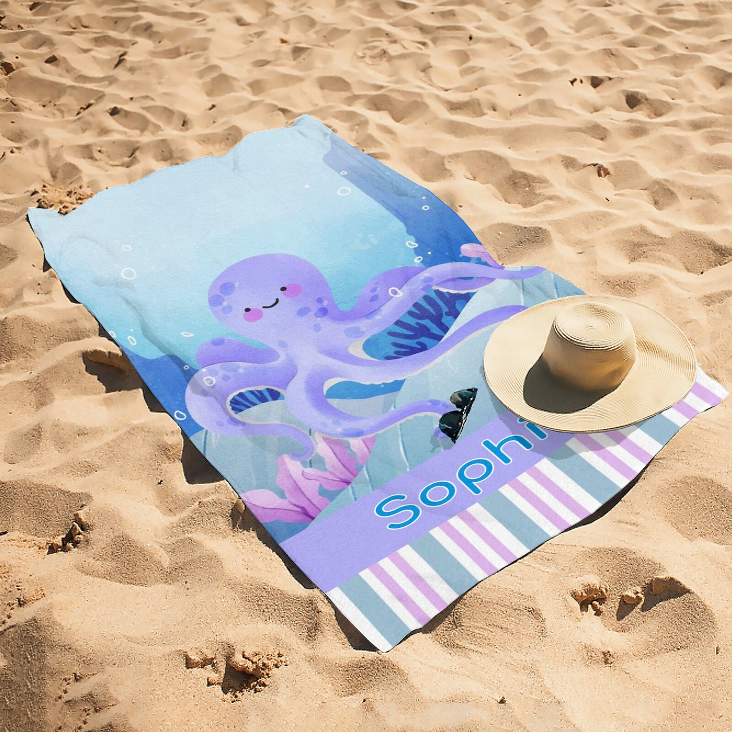 Octopus Purple Beach Towel Custom Cotton/Poly Blend Pool Towel - Blue - Personalize with Your Name - Standard Size