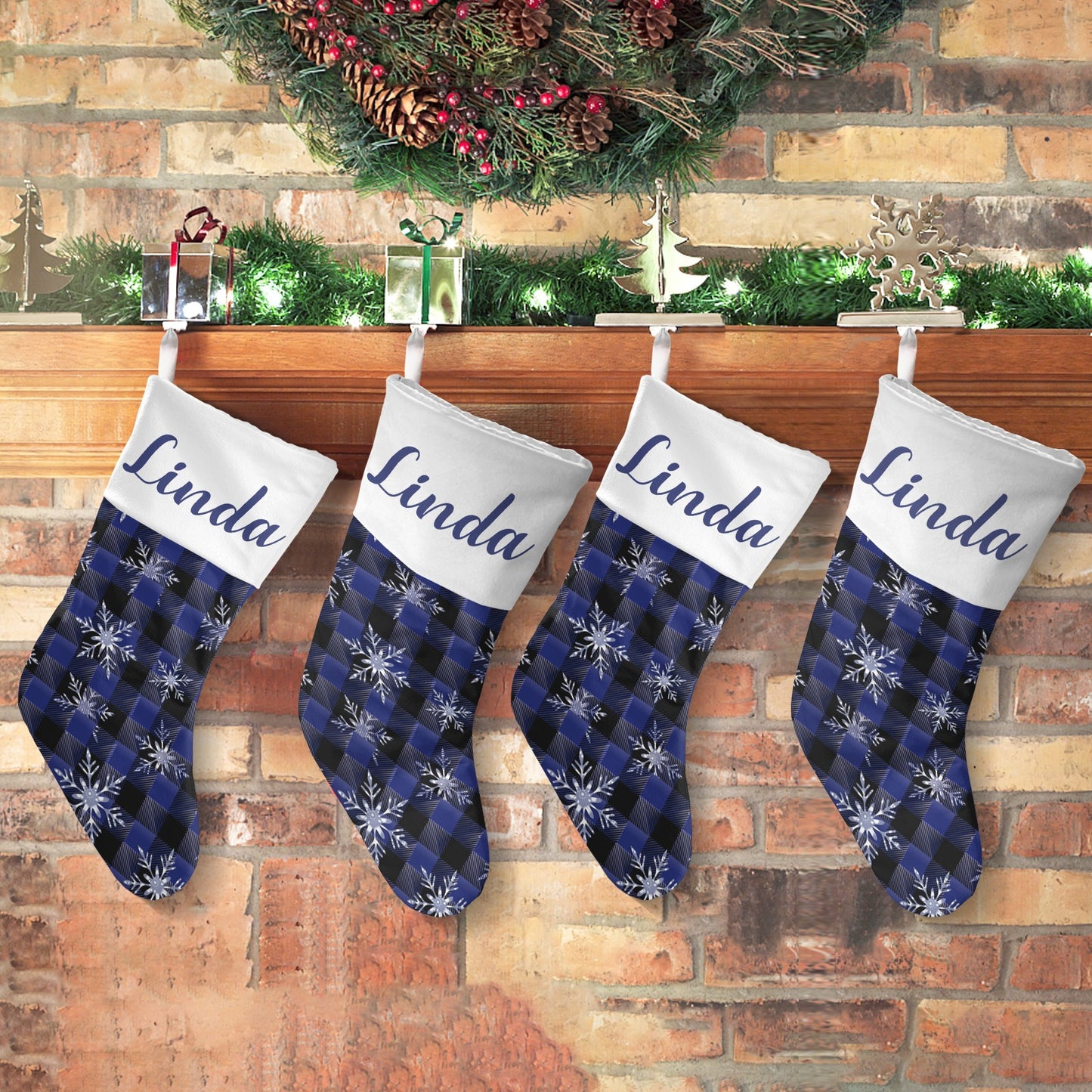 Blue Plaid Snowflakes Christmas Stocking Custom Name Christmas Socks Gift