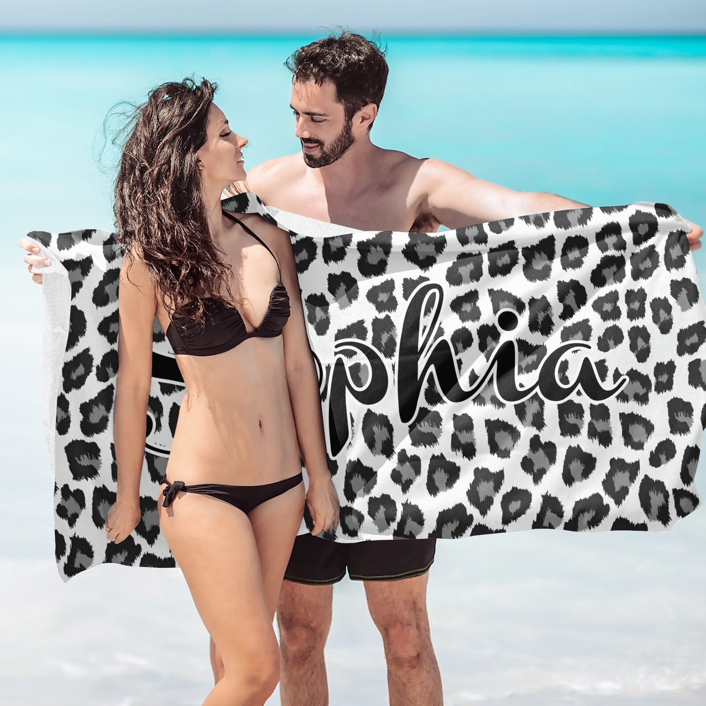 Leopard Print Grey Beach Towel Custom Cotton/Poly Blend Pool Towel - Blue - Personalize with Your Name - Standard Size