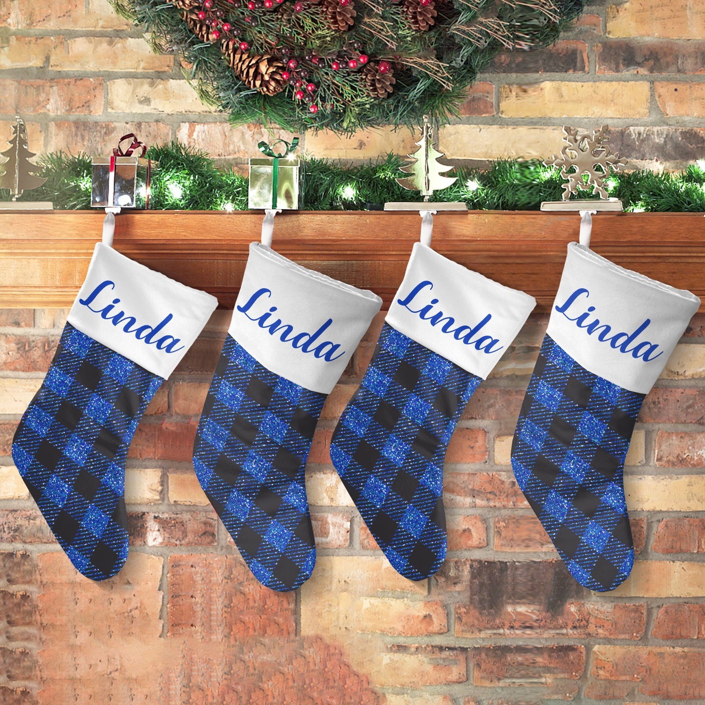 Blue Buffalo Plaid Christmas Stocking Custom Name Christmas Socks Gift