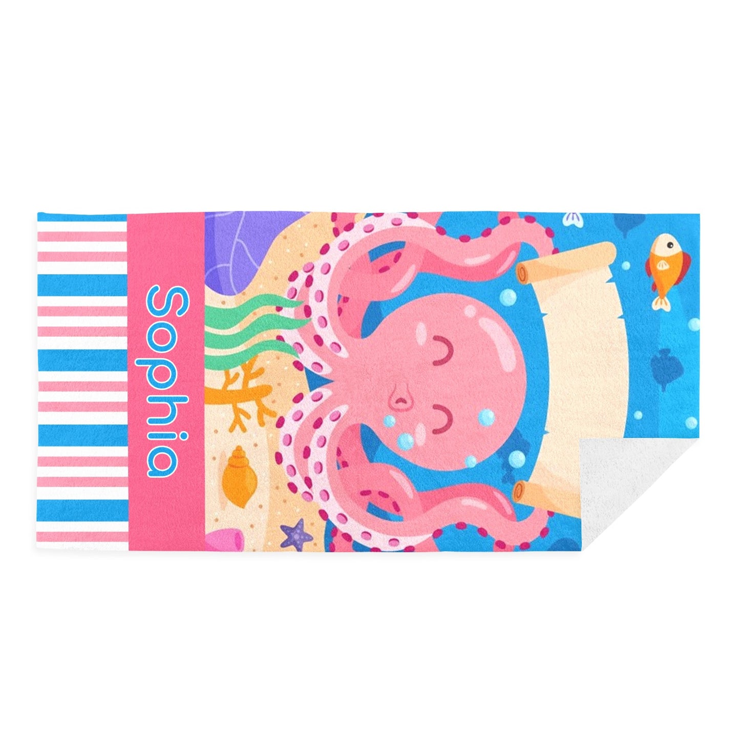 Octopus Beach Towel Custom Cotton/Poly Blend Pool Towel - Blue - Personalize with Your Name - Standard Size