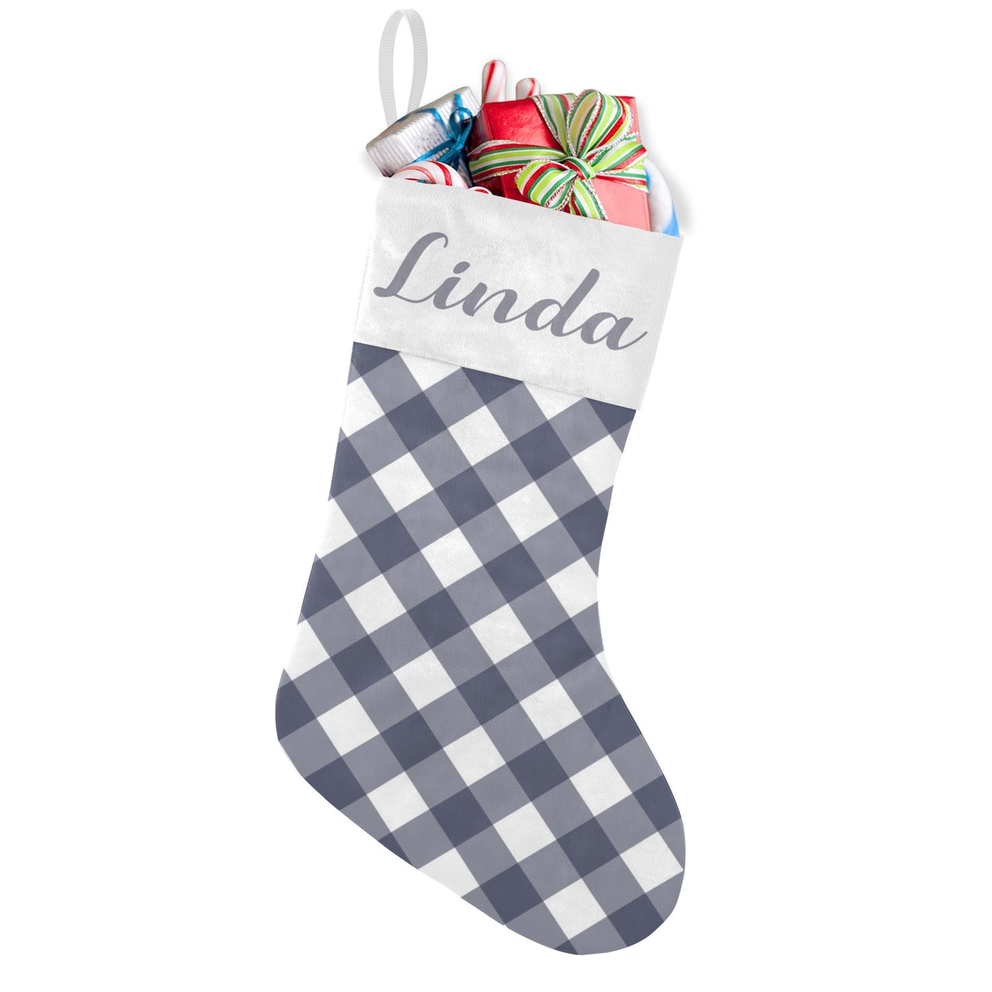 Grey Buffalo Plaid Christmas Stocking Custom Name Christmas Socks Gift