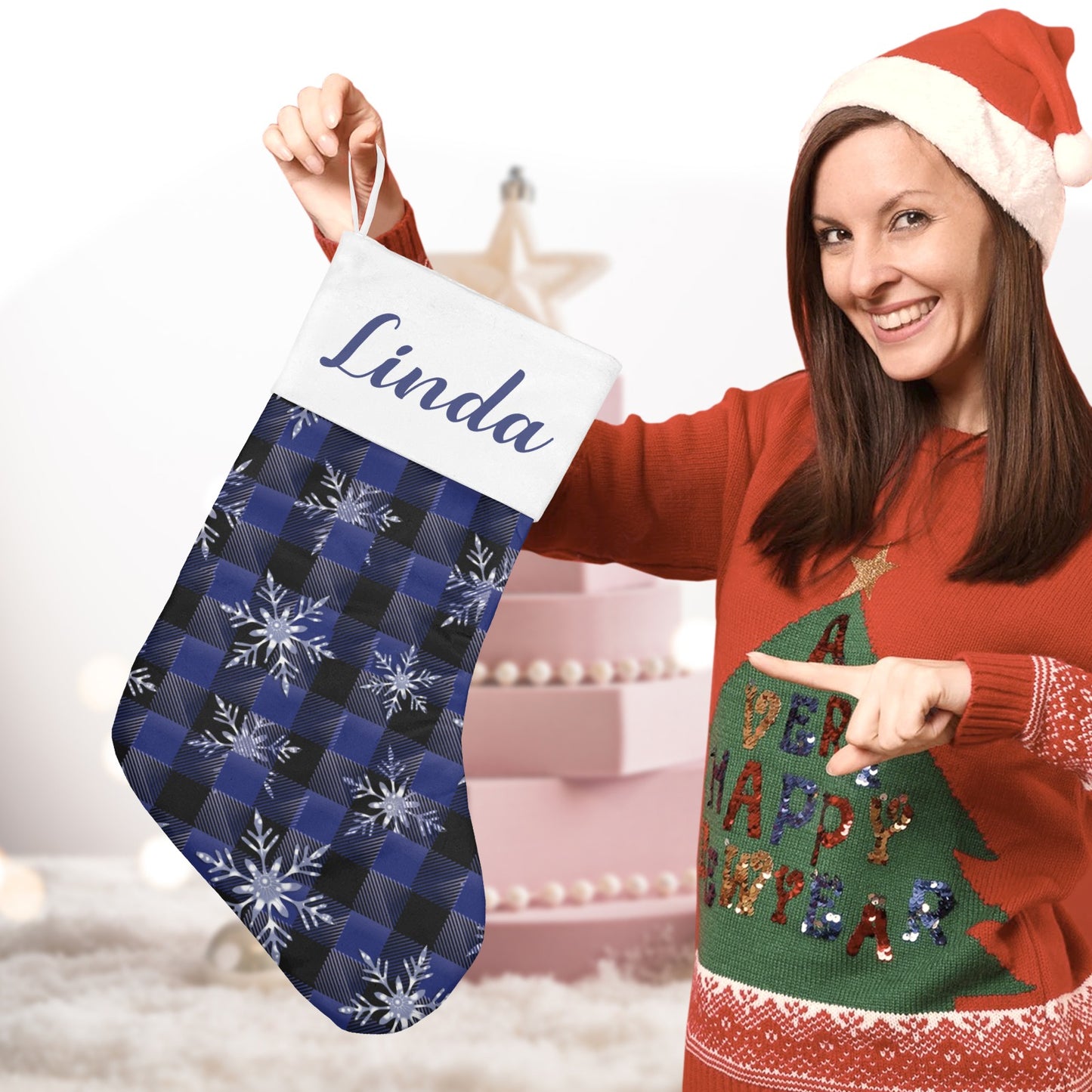 Blue Plaid Snowflakes Christmas Stocking Custom Name Christmas Socks Gift