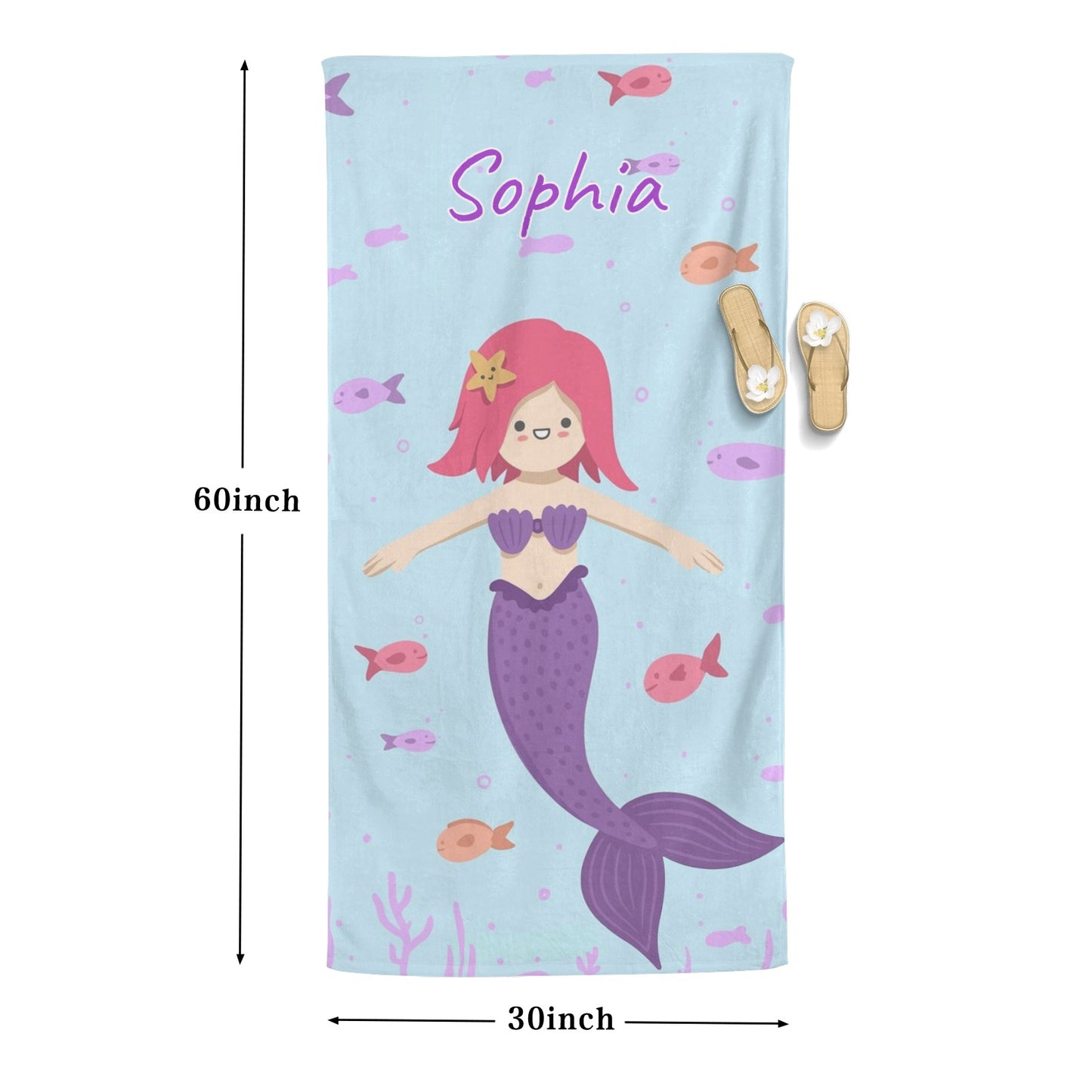 Mermaid Purple Beach Towel Custom Cotton/Poly Blend Pool Towel - Blue - Personalize with Your Name - Standard Size