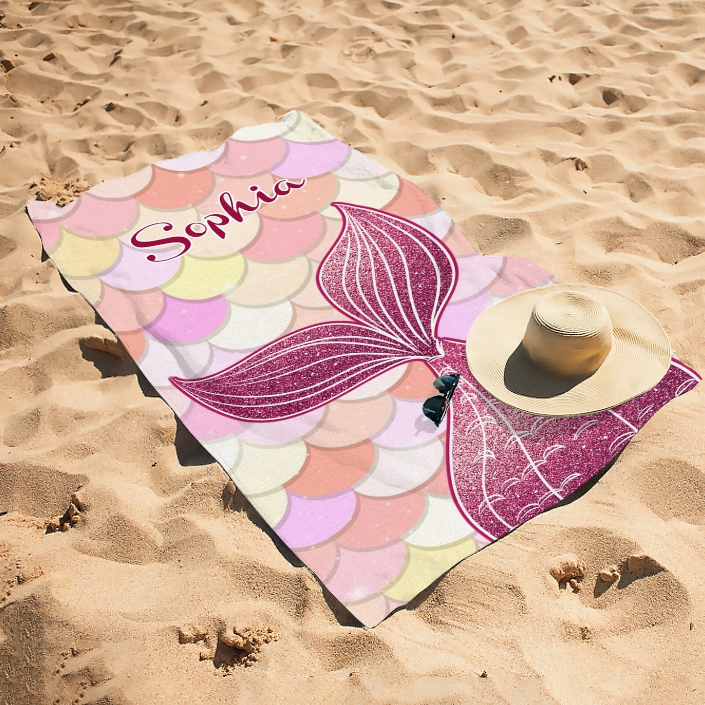 Red Mermaid Tail Beach Towel Custom Cotton/Poly Blend Pool Towel - Blue - Personalize with Your Name - Standard Size