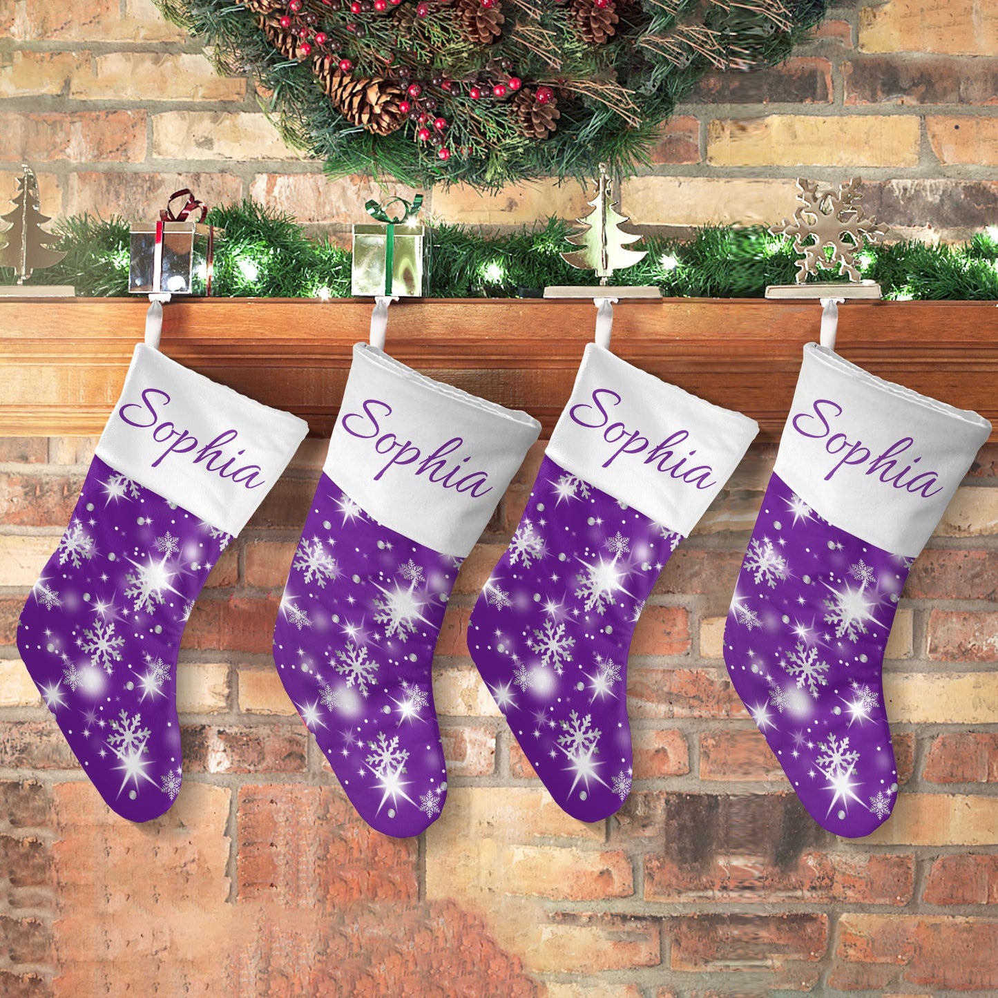 Snow flake purple Christmas Stocking Custom Name Santa Socks Gift