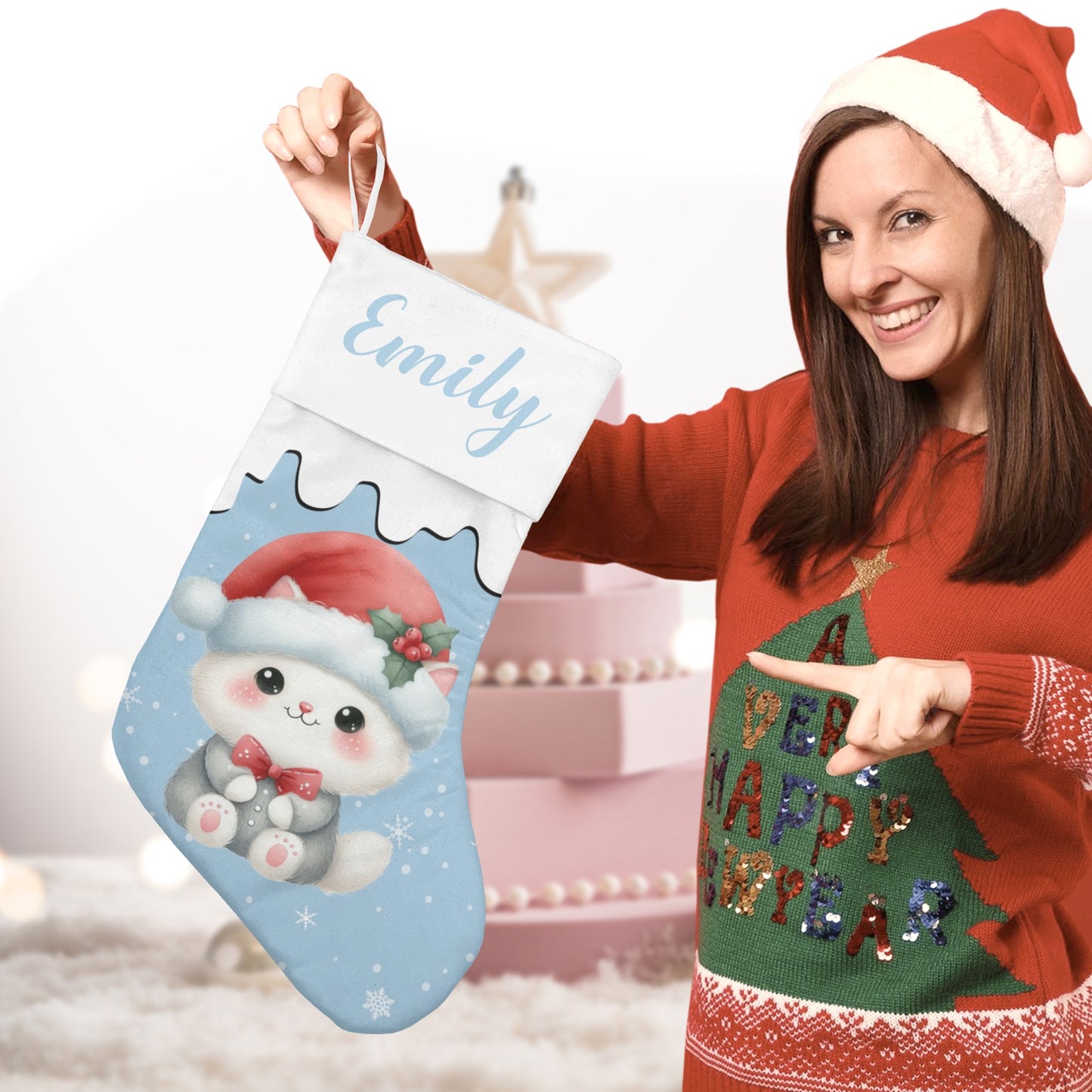 Cute Rabbit Christmas Stocking Custom Name Christmas Socks Gift