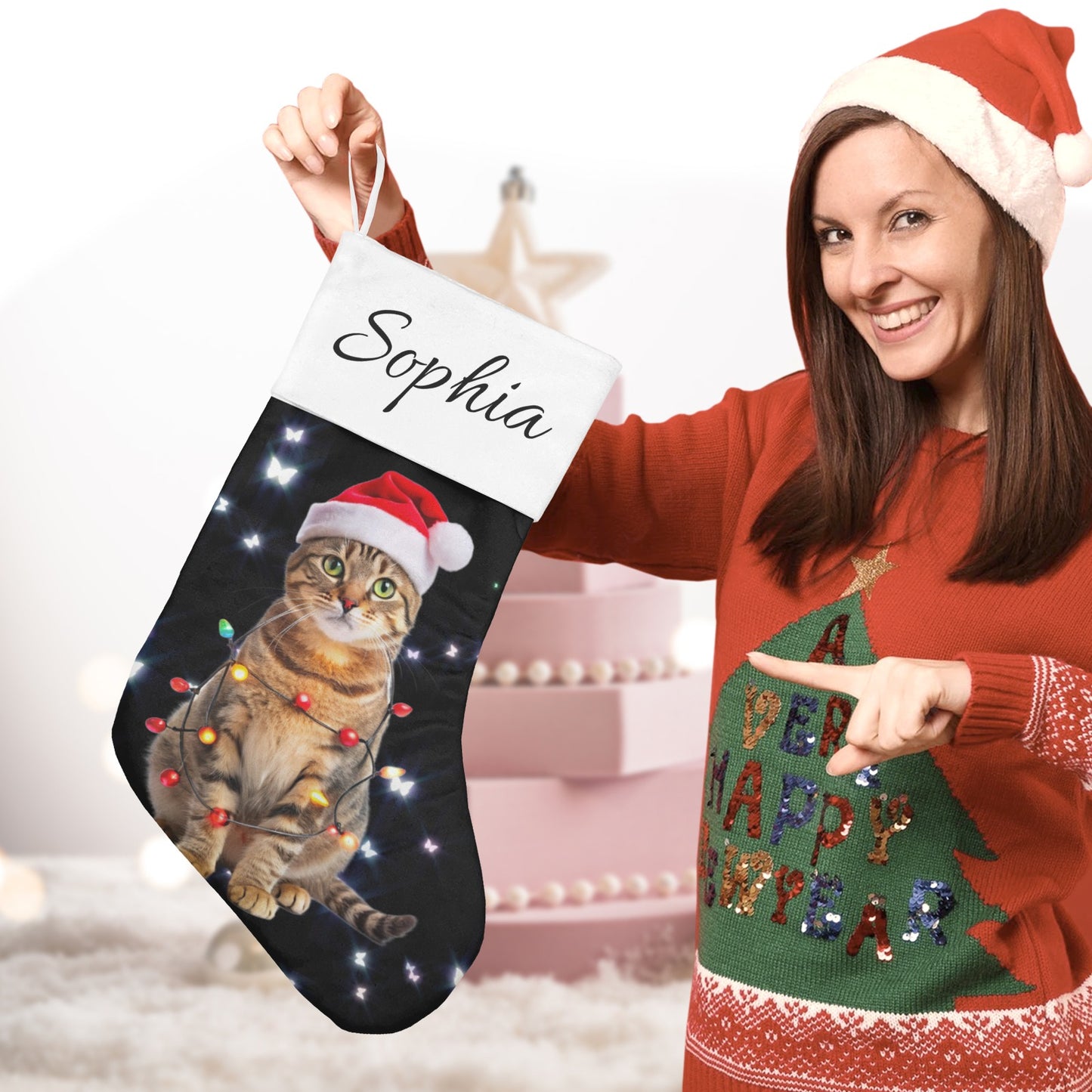 Cat Black Christmas Stocking Custom Name Santa Socks Gift
