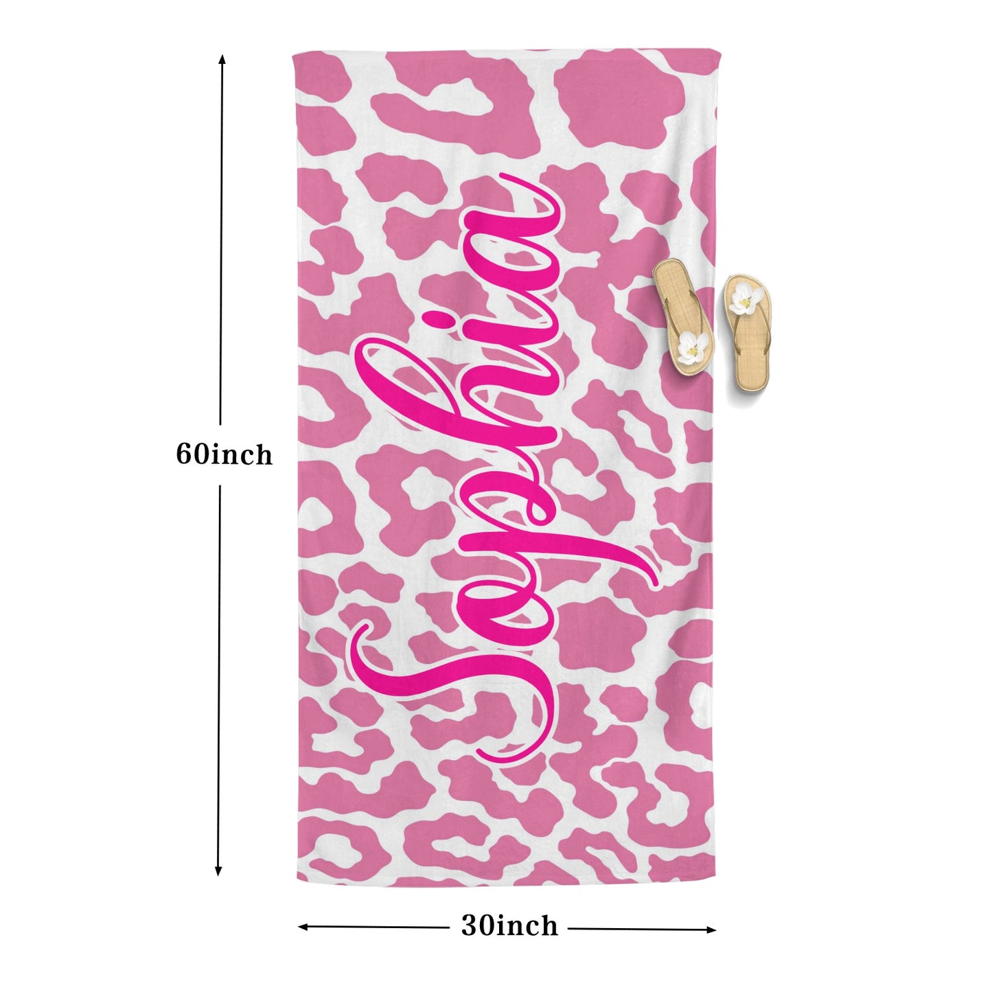 Pink Leopard Print Beach Towel Custom Cotton/Poly Blend Pool Towel - Blue - Personalize with Your Name - Standard Size