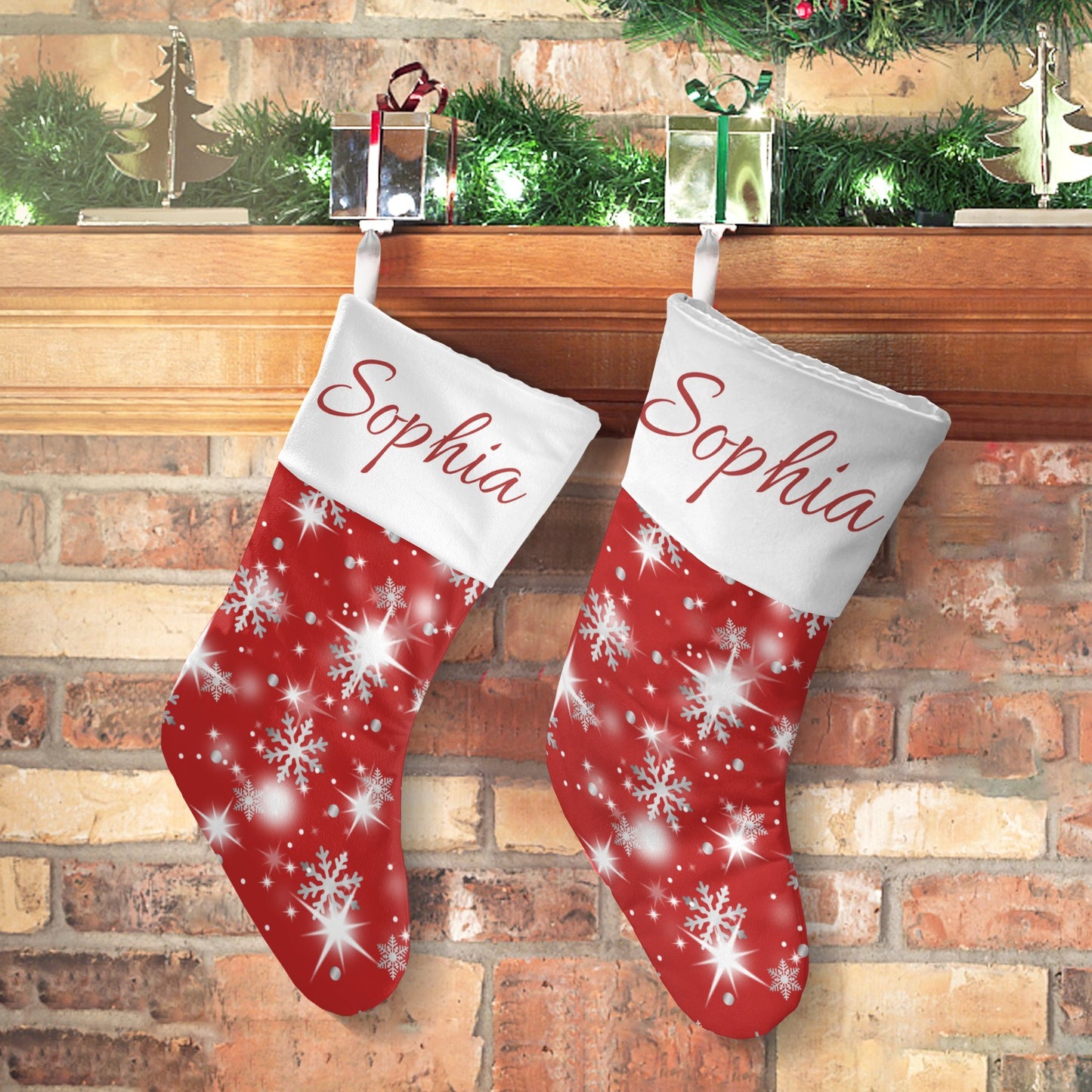 Snow flake red Christmas Stocking Custom Name Santa Socks Gift