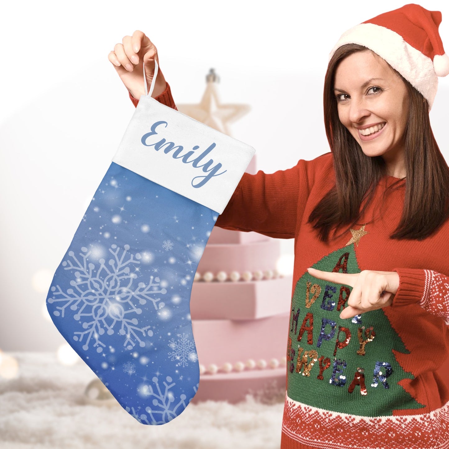 Snowflakes Blue Christmas Stocking Custom Name Christmas Socks Gift