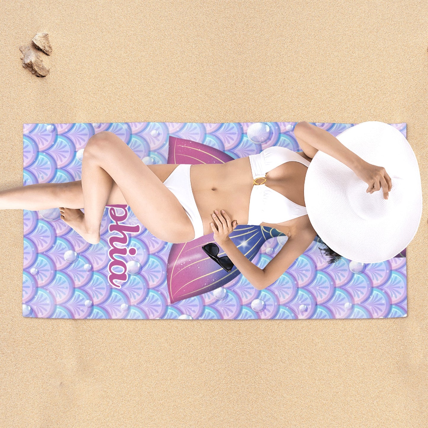 Cute Mermaid Tail Beach Towel Custom Cotton/Poly Blend Pool Towel - Blue - Personalize with Your Name - Standard Size