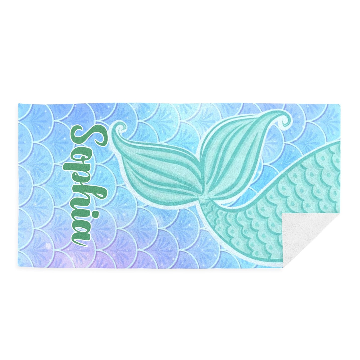 Mermaid Tail Green Beach Towel Custom Cotton/Poly Blend Pool Towel - Blue - Personalize with Your Name - Standard Size