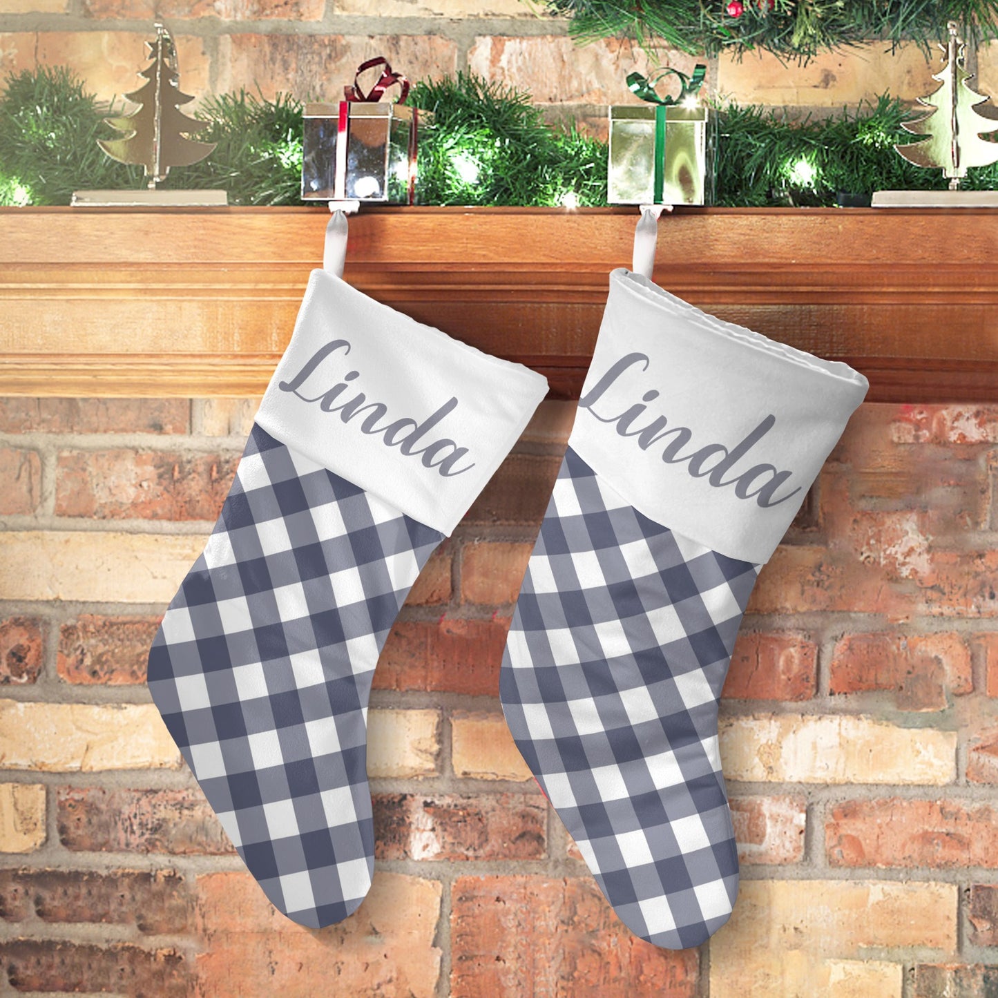 Grey Buffalo Plaid Christmas Stocking Custom Name Christmas Socks Gift