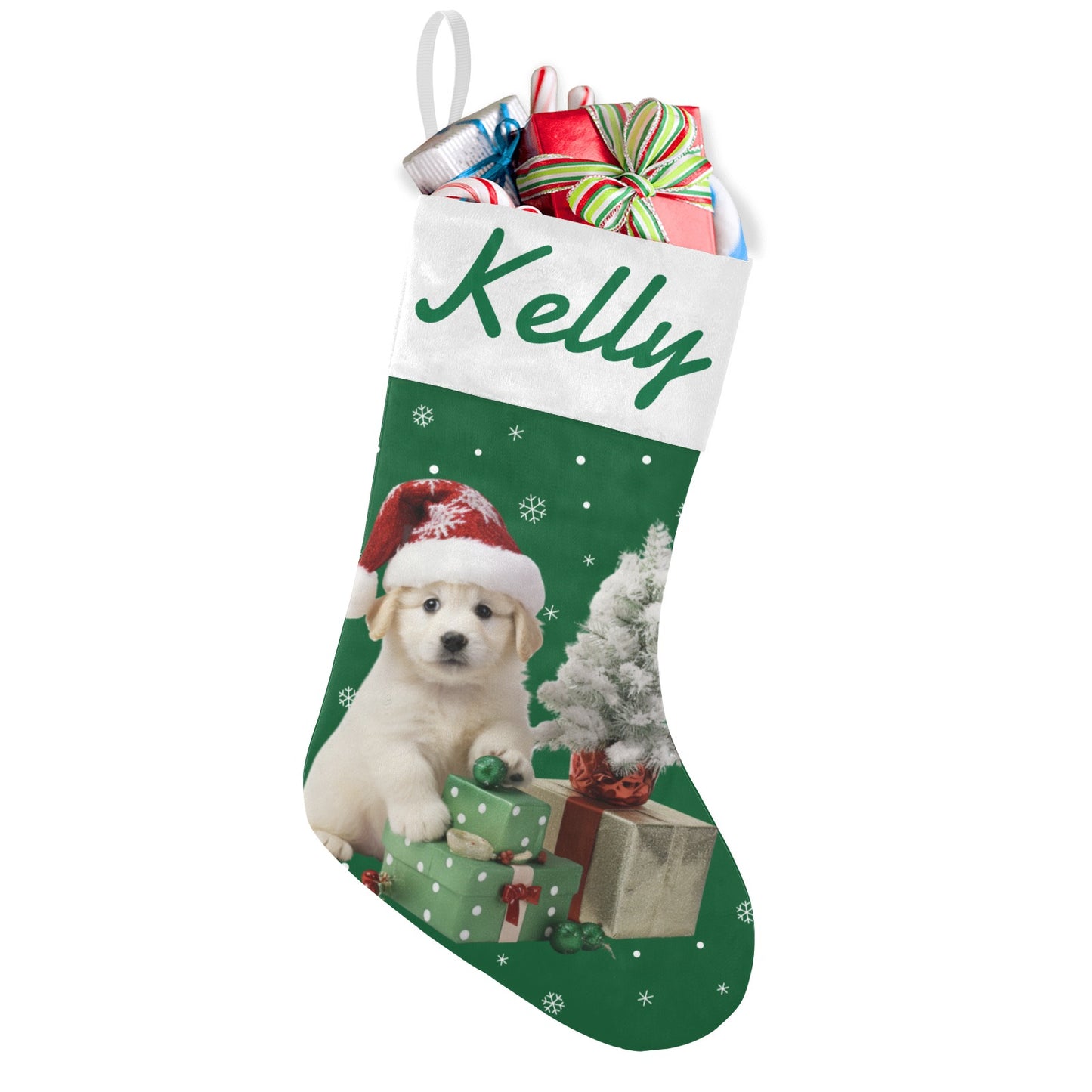 Green Dog Christmas Stocking Custom Name Santa Socks Gift