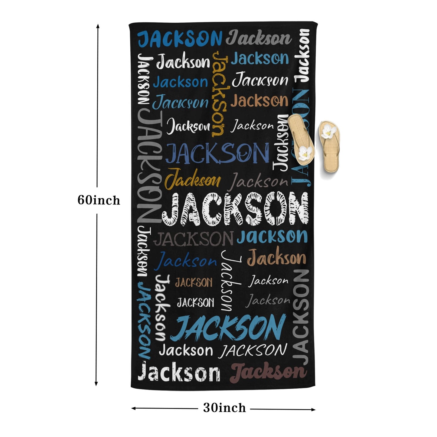Black Beach Towel Custom Cotton/Poly Blend Pool Towel - Blue - Personalize with Your Name - Standard Size