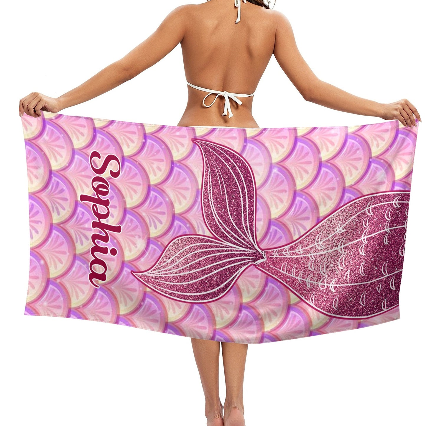 Mermaid Tail Purple Beach Towel Custom Cotton/Poly Blend Pool Towel - Blue - Personalize with Your Name - Standard Size