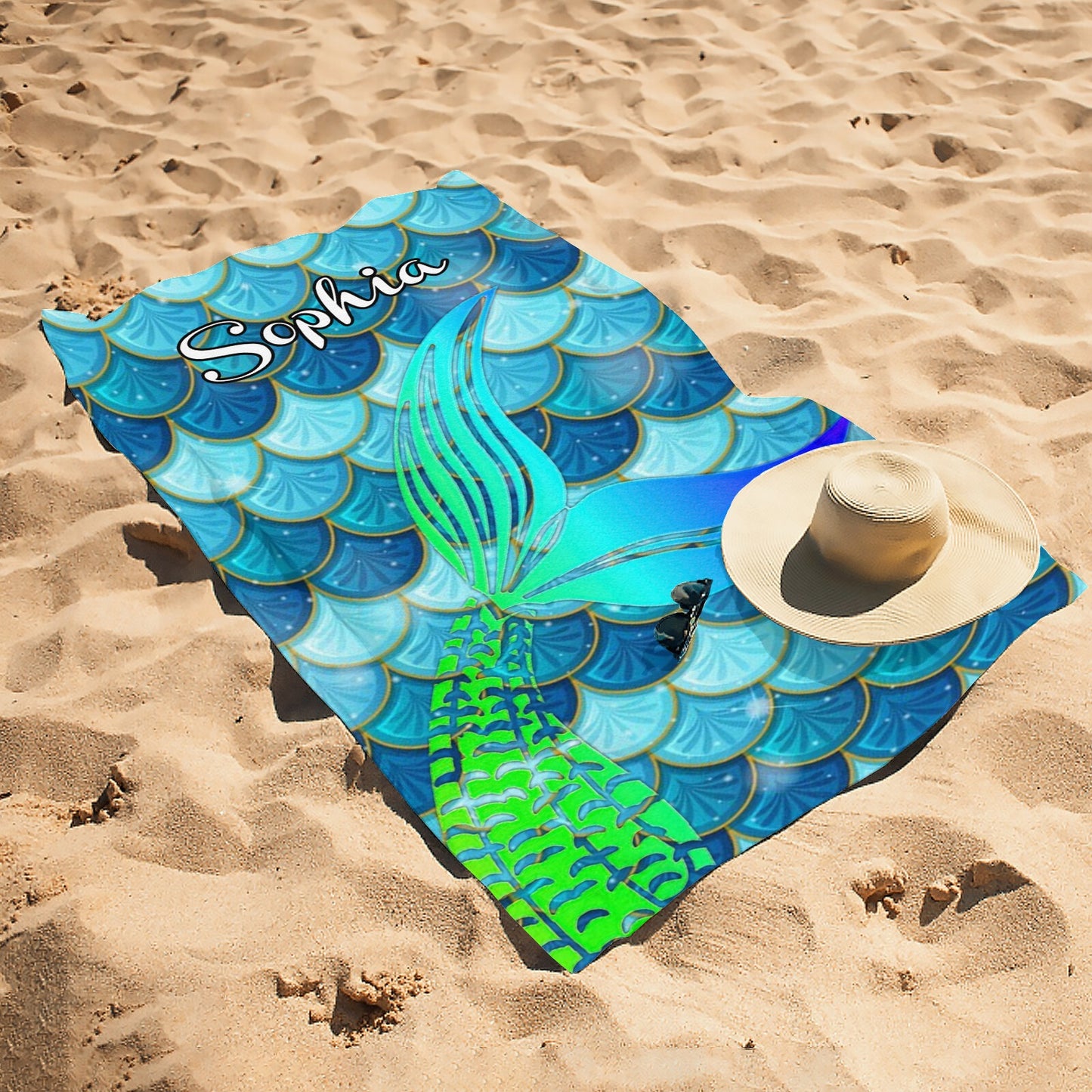 Mermaid Blue Beach Towel Custom Cotton/Poly Blend Pool Towel - Blue - Personalize with Your Name - Standard Size