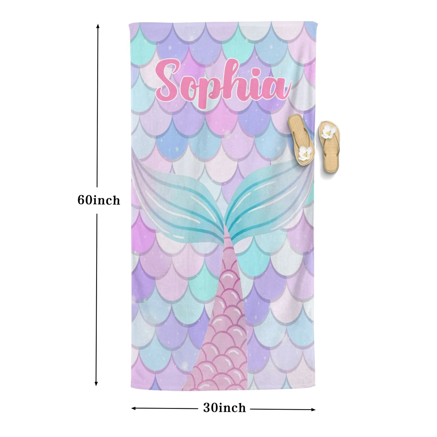 Mermaid Tail Beach Towel Custom Cotton/Poly Blend Pool Towel - Blue - Personalize with Your Name - Standard Size
