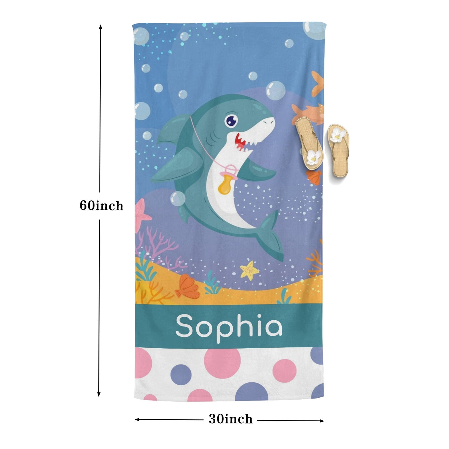Cute Shark Beach Towel Custom Cotton/Poly Blend Pool Towel - Blue - Personalize with Your Name - Standard Size