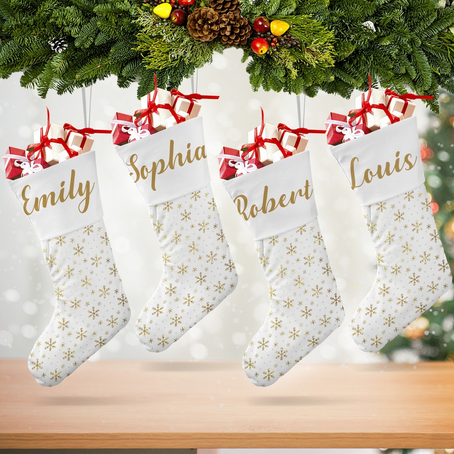 Gold Snowflakes Christmas Stocking Custom Name Christmas Socks Gift