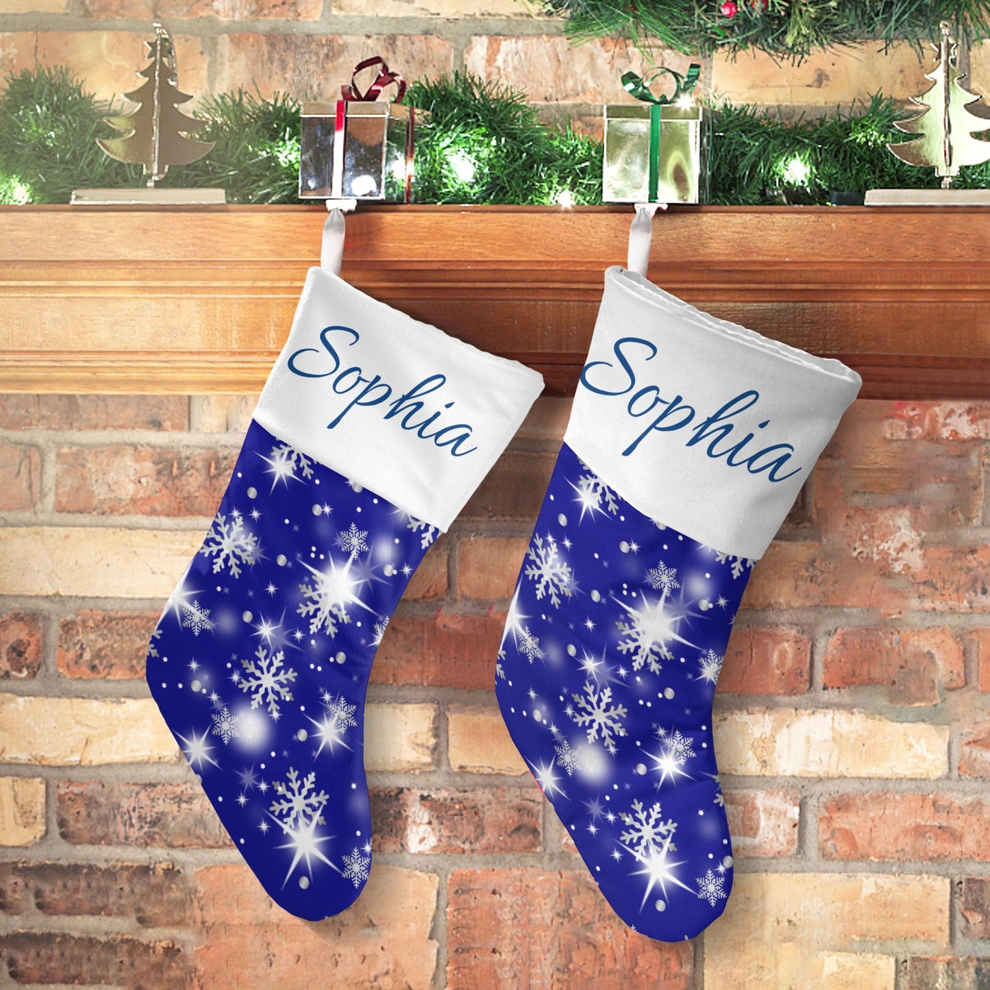 Snow flake blue Christmas Stocking Custom Name Santa Socks Gift