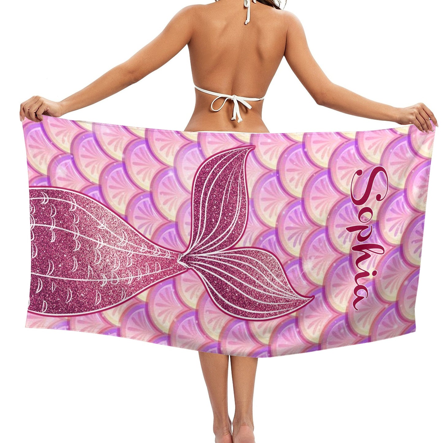 Mermaid Tail Purple Beach Towel Custom Cotton/Poly Blend Pool Towel - Blue - Personalize with Your Name - Standard Size