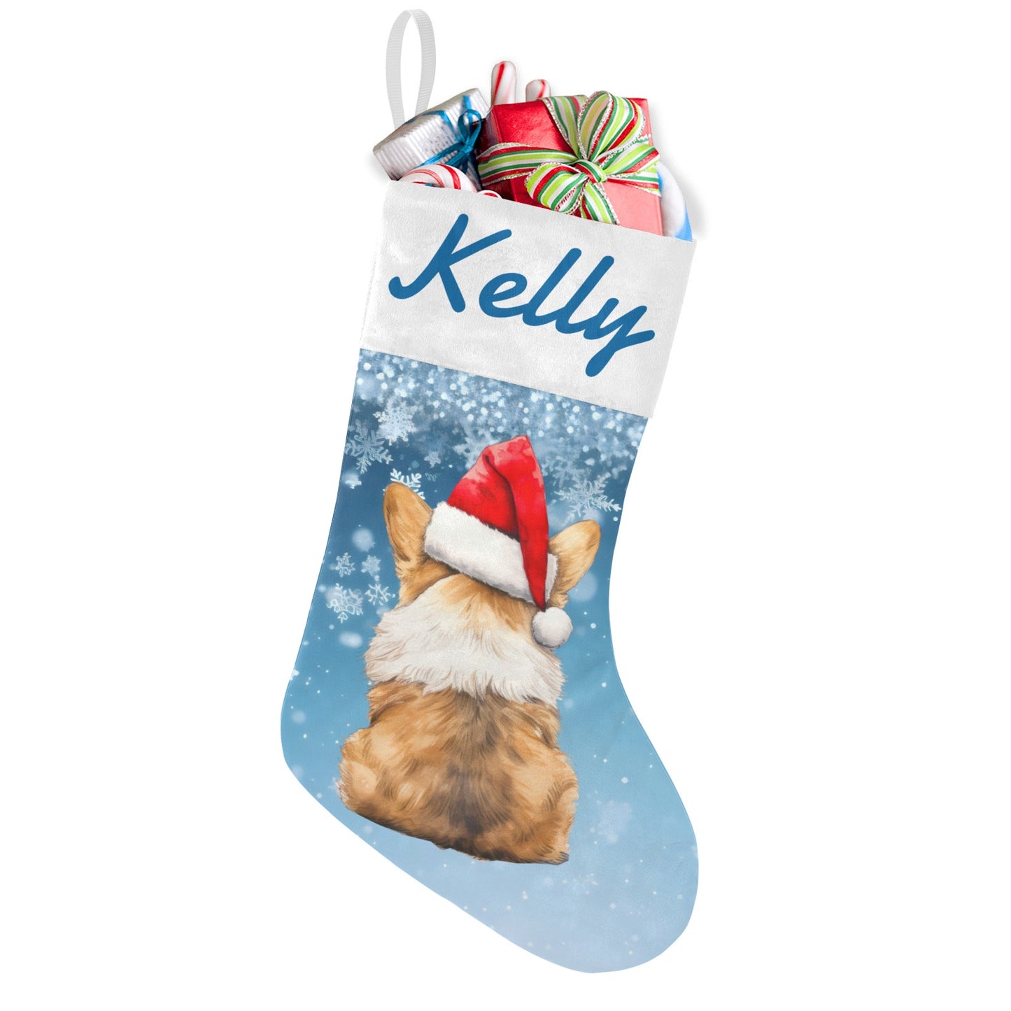 Dog Sky Blue Christmas Hat Christmas Stocking Custom Name Santa Socks Gift