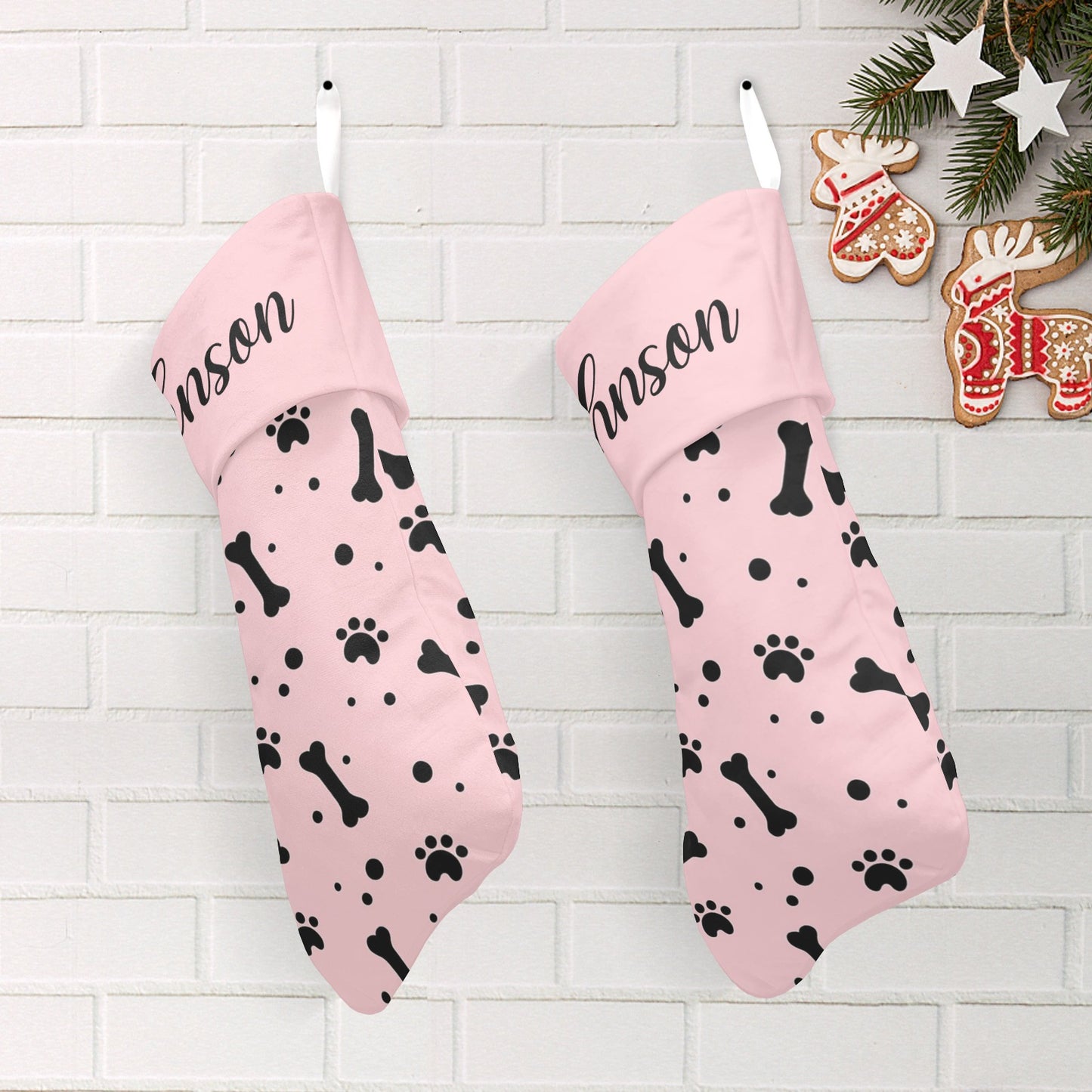 Paw bones Pink Christmas Stocking Custom Name Christmas Socks Gift