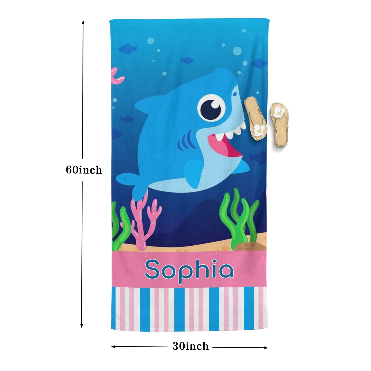 Shark Beach Towel Custom Cotton/Poly Blend Pool Towel - Blue - Personalize with Your Name - Standard Size