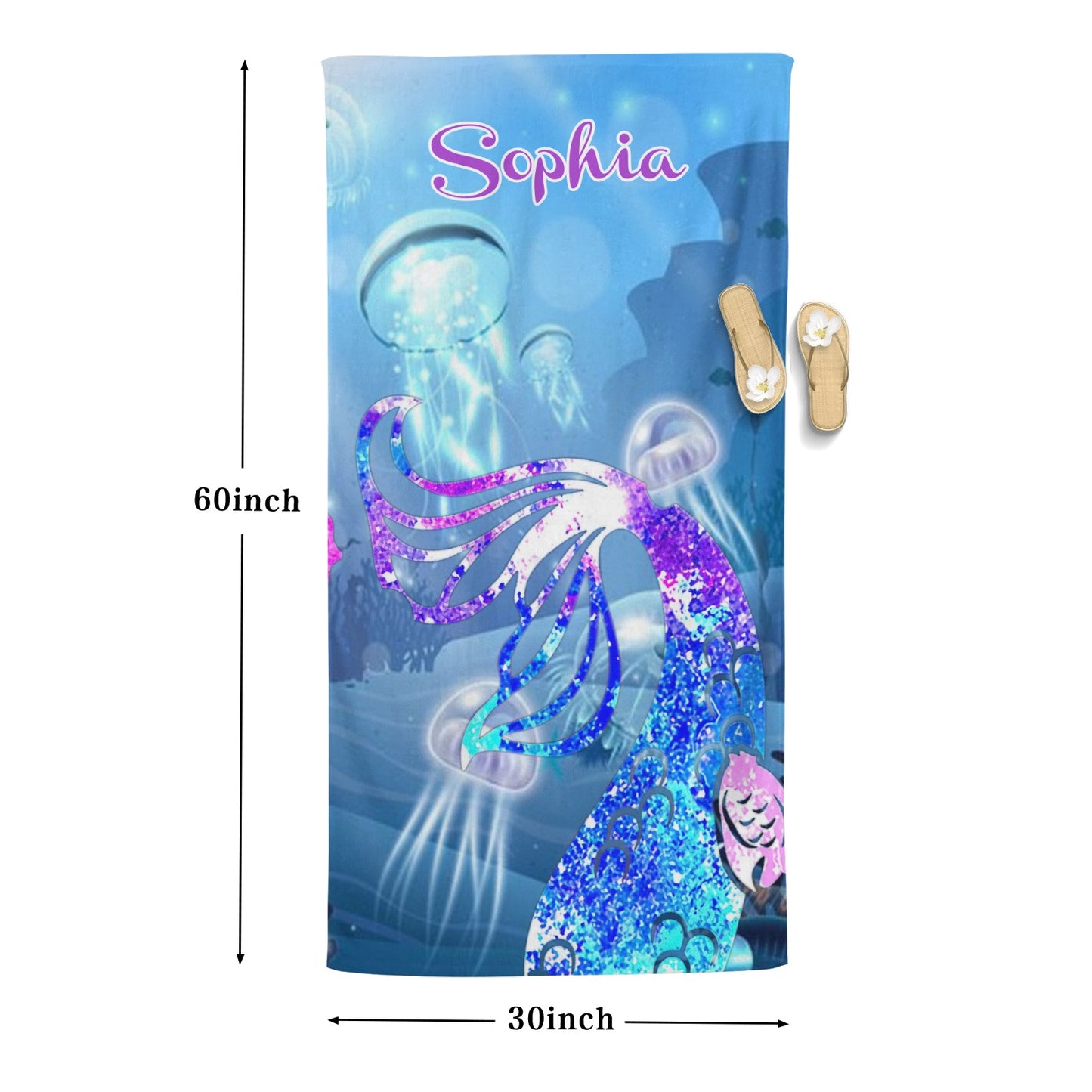 Mermaid Tail Beach Towel Custom Cotton/Poly Blend Pool Towel - Blue - Personalize with Your Name - Standard Size