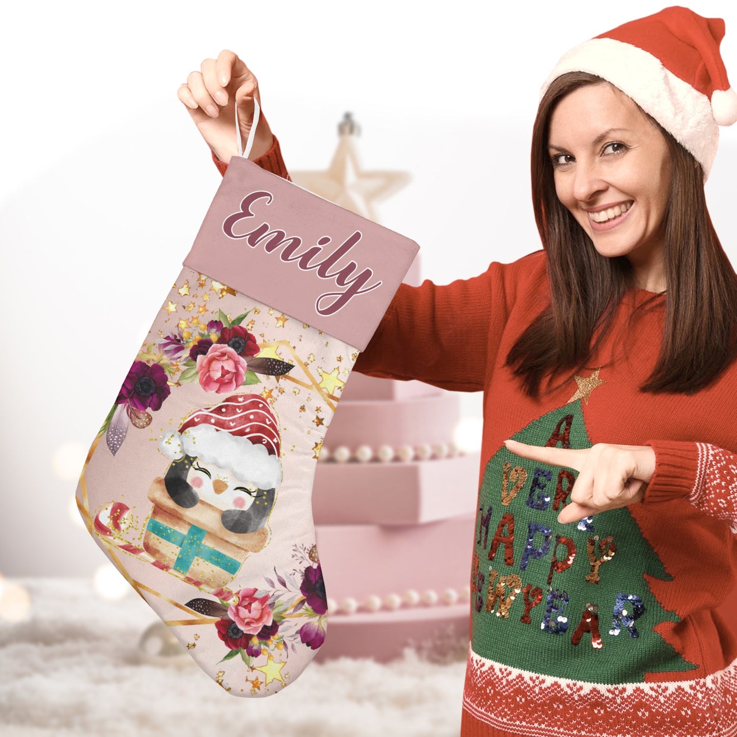 Penguin Christmas Stocking Custom Name Christmas Socks Gift