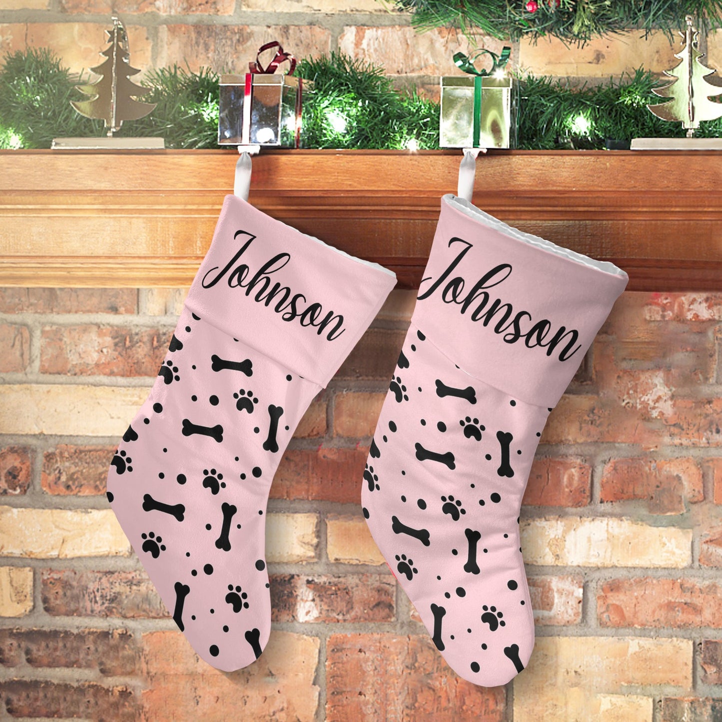 Paw bones Pink Christmas Stocking Custom Name Christmas Socks Gift