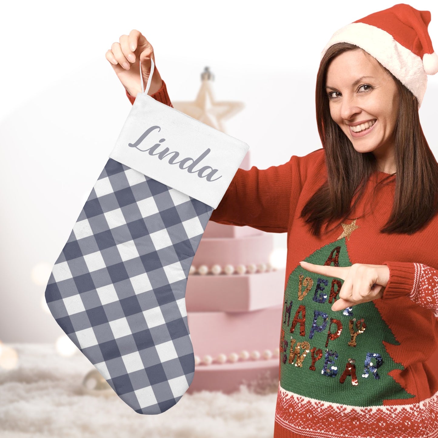 Grey Buffalo Plaid Christmas Stocking Custom Name Christmas Socks Gift