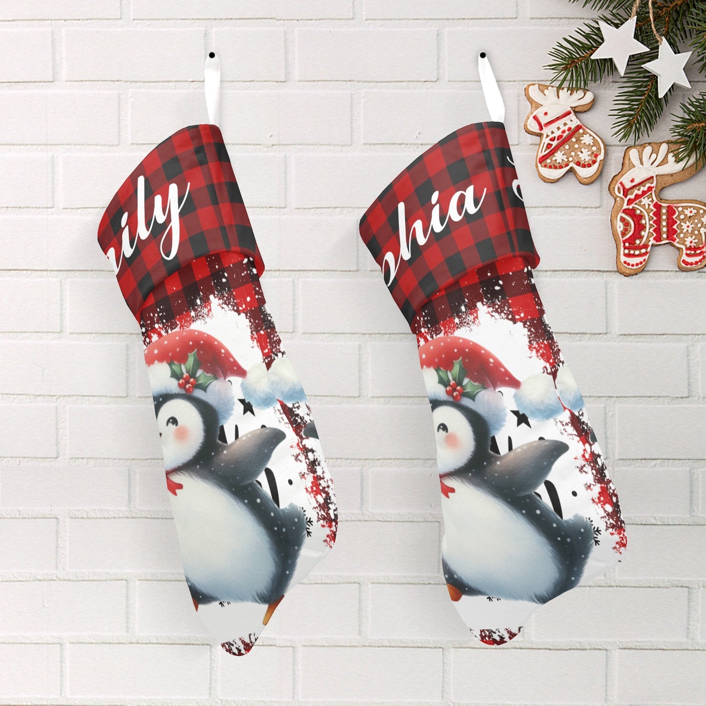 Buffalo Plaid Penguin Christmas Stocking Custom Name Christmas Socks Gift