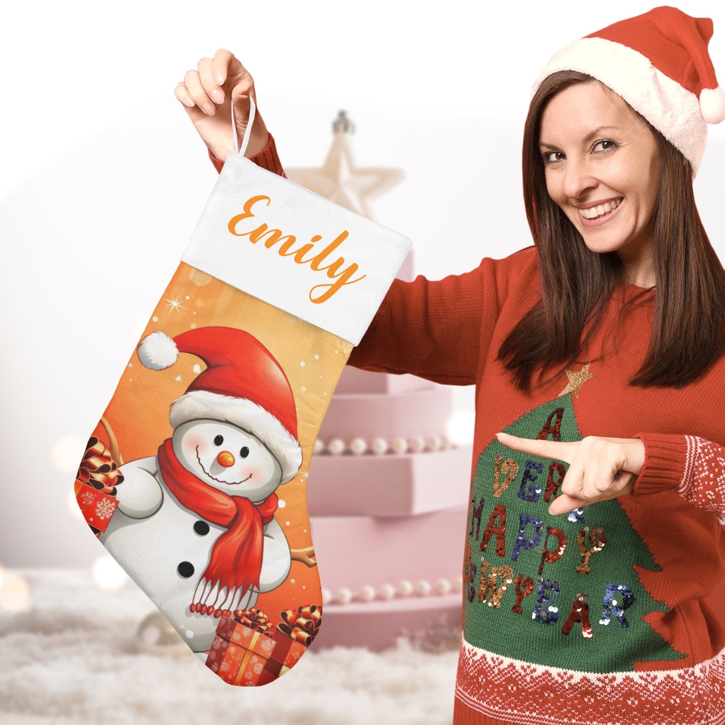 Snowman Orange Christmas Stocking Custom Name Christmas Socks Gift