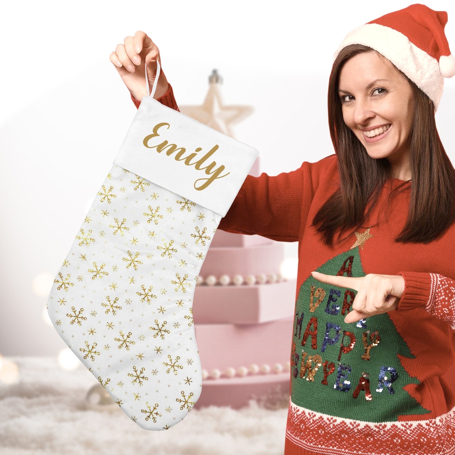 Gold Snowflakes Christmas Stocking Custom Name Christmas Socks Gift